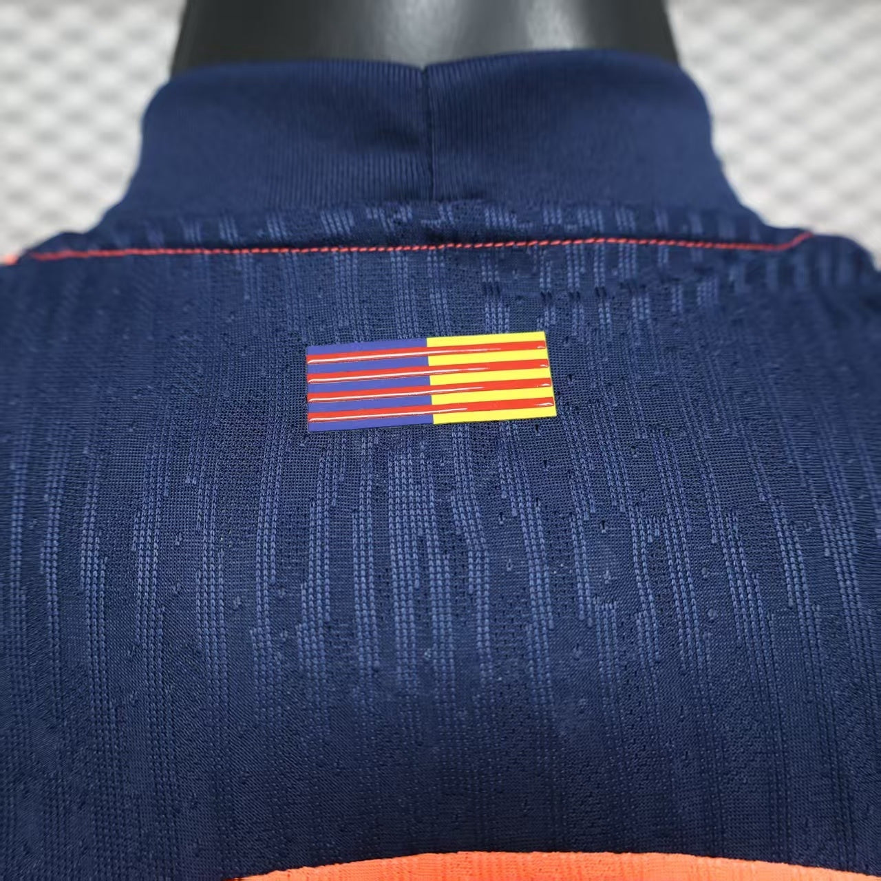 2025/26 FC Barcelona Away Player Version Jersey - Orange Body - Dri-FIT ADV - Navy Blue Crew Neck - Navy Blue Sleeve Cuffs & Side Seam Piping - Navy Blue Nike Swoosh - FCB Orange Monochrome Crest - Spotify Navy Blue Sponsor