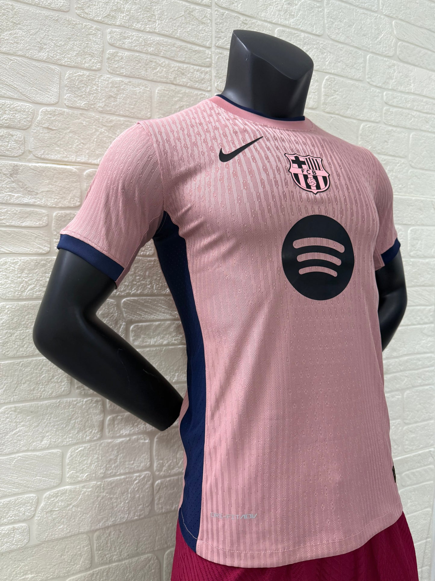 2025/26 FC Barcelona Third Player Version Jersey - Pink Body - Dri-FIT ADV - Pink Crew Neck Navy Blue Trim - Navy Blue Sleeve Cuffs - Black Nike Swoosh - FCB Pink Monochrome Crest - Spotify Black Sponsor