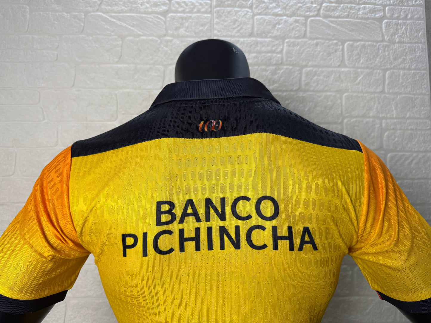 2025/26 Barcelona SC 100th Anniversary Player Version Jersey - Yellow Body Orange Flame Gradient - Marathon - Black V-Neck - Red Sleeve Cuffs - BSC Crest 1925-2025 - Pilsener Principal Sponsor