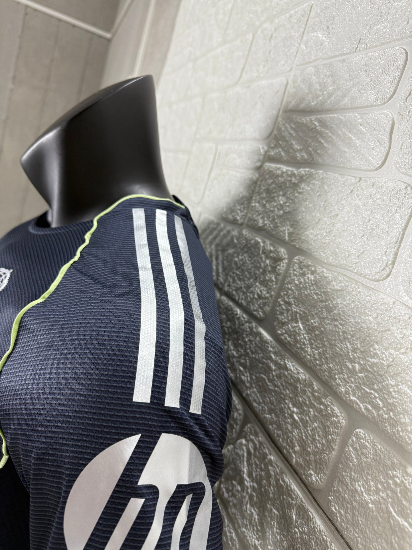 2025/26 Real Madrid Away Player Version Jersey -  Dark Navy Blue Tonal Horizontal Stripe - Neon Yellow Green Piping - Emirates Fly Better