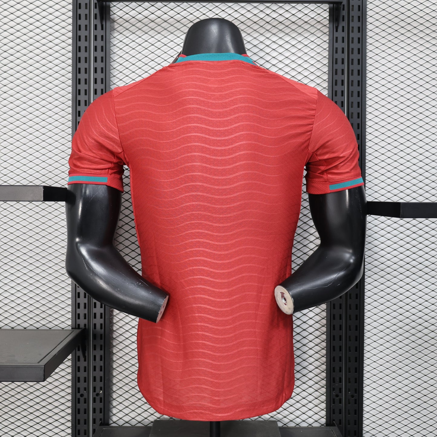 2025/26 Portugal National Team Home Player Version Jersey - Red Tonal Wavy Stripe - Teal V-Neck Collar & Cuff Trim - FPF Crest