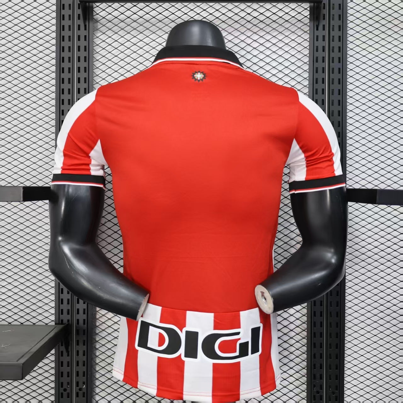 2025/26 Athletic Bilbao Home Player Version Jersey - Red White Vertical Stripe Body Black V-Neck Collar Black Sleeve Cuff Trim - Castore Logo - Athletic Club Official Shield Crest - Kutxabank - Men's