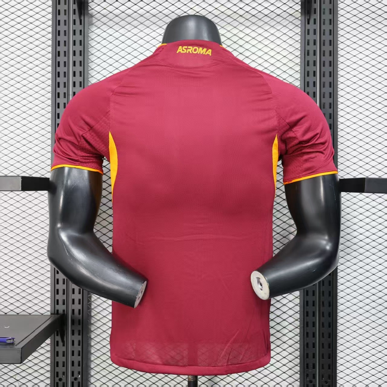 2025/26 AS Roma Home Player Version Jersey - Deep Maroon Body Gold Yellow Side Panel Stripe Seam Detail Gold Yellow Three Stripes - AS Roma Official Shield Crest Gold Yellow Purple She-Wolf Romulus Remus - Men's