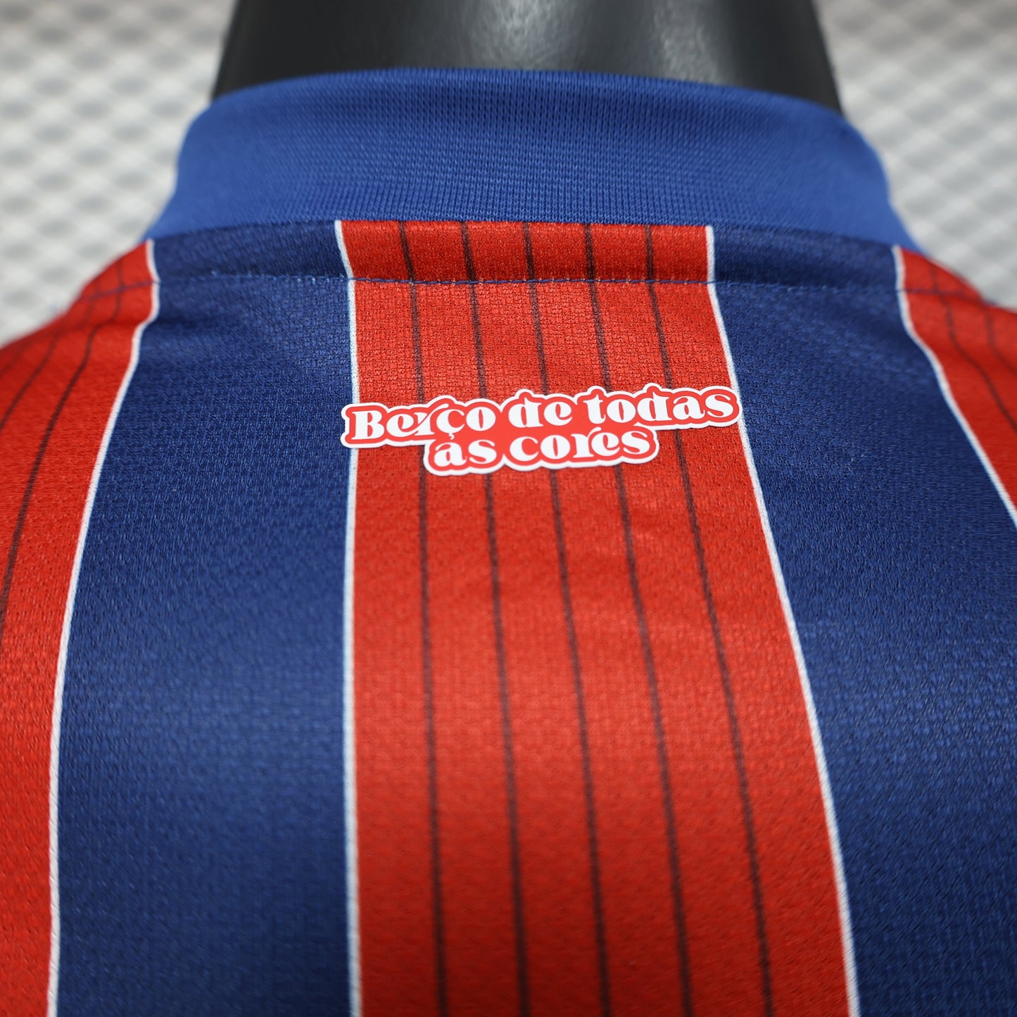 2025/26 Bahia Away Player Version Jersey  - Blue & Red Vertical Wide Stripe - Blue V-Neck Collar - White Puma Logo - Bahia Crest Three Gold Stars - Clean Chest