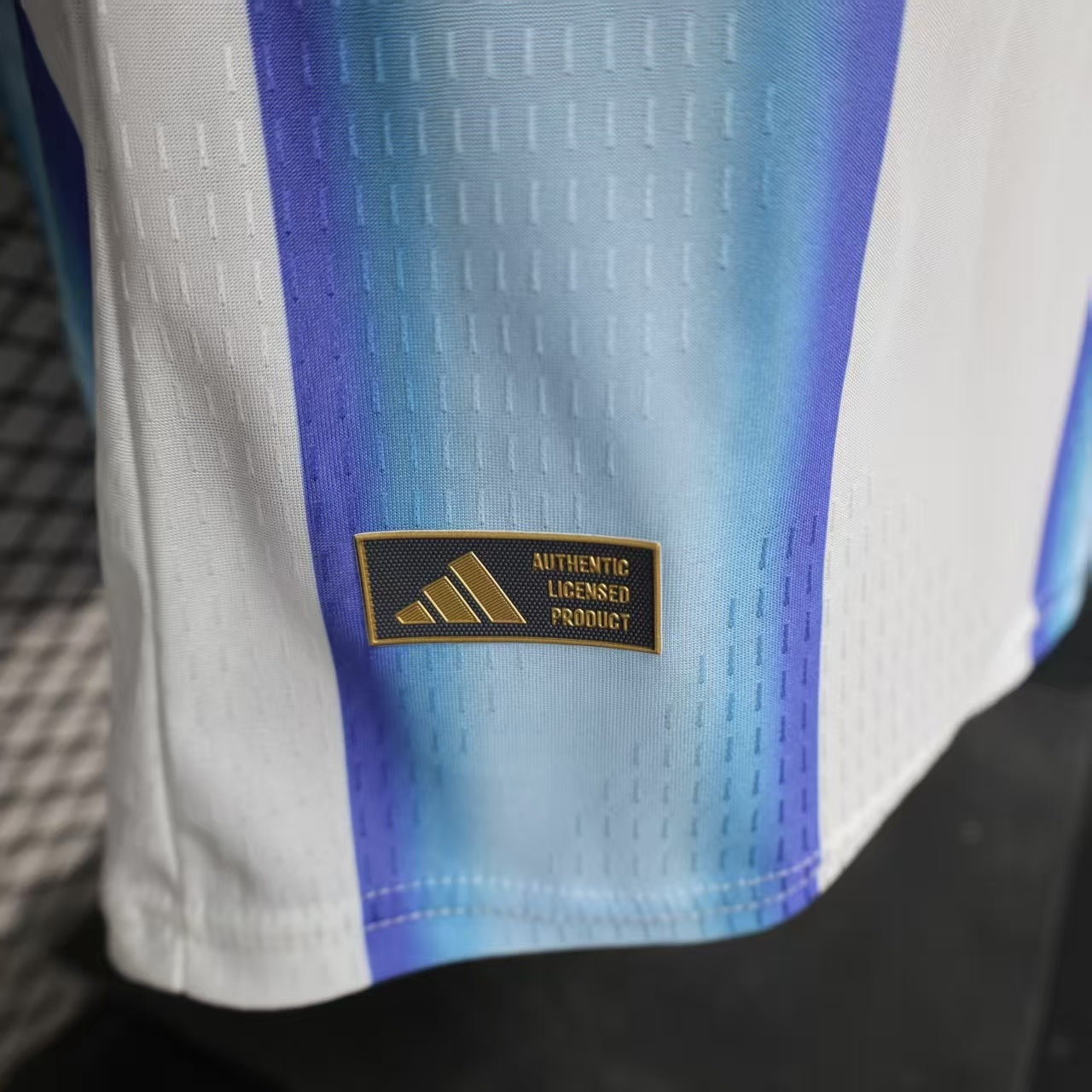 2025/26 Argentina Home Player Version Jersey - White Body Wide Sky Blue Vertical Stripes Diamond Mesh Texture Three Gold Stars Black Sleeve Cuff Trim - Gold Three Stripes - AFA Crest - Men's