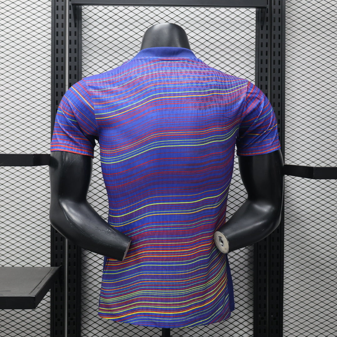 2025/26 FC Barcelona Pre-Match Player Version Jersey - Men's - Deep Purple-Blue Body Multicolour Wave Stripe - Dark Navy Crew Neck - Yellow Swoosh - FCB Crest - Spotify Yellow Sponsor