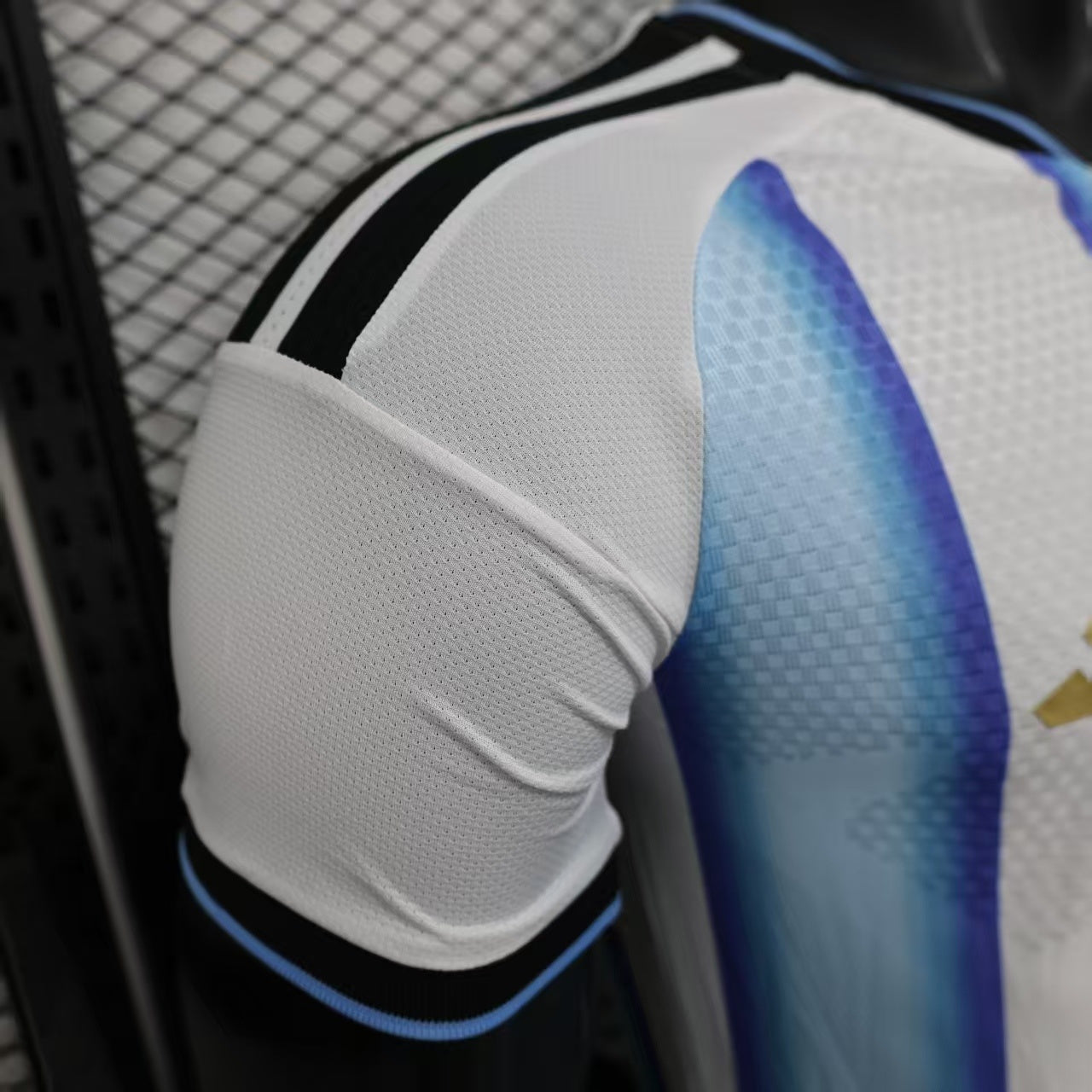 2025/26 Argentina Home Player Version Jersey - White Body Wide Sky Blue Vertical Stripes Diamond Mesh Texture Three Gold Stars Black Sleeve Cuff Trim - Gold Three Stripes - AFA Crest - Men's