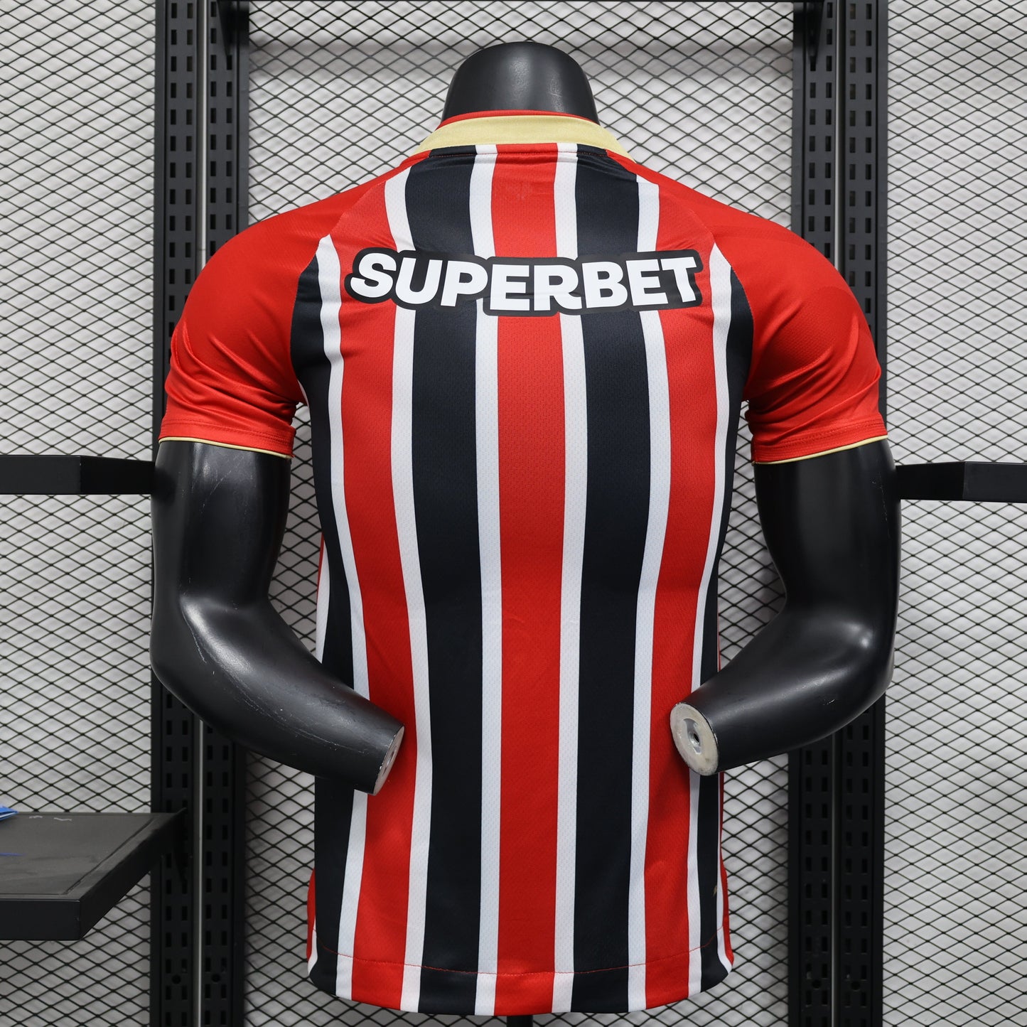 2025/26 São Paulo FC Away Player Version Jersey - New Balance - Red Black White Vertical Thin Stripe - Gold V-Neck Collar - SUPERBET White Sponsor