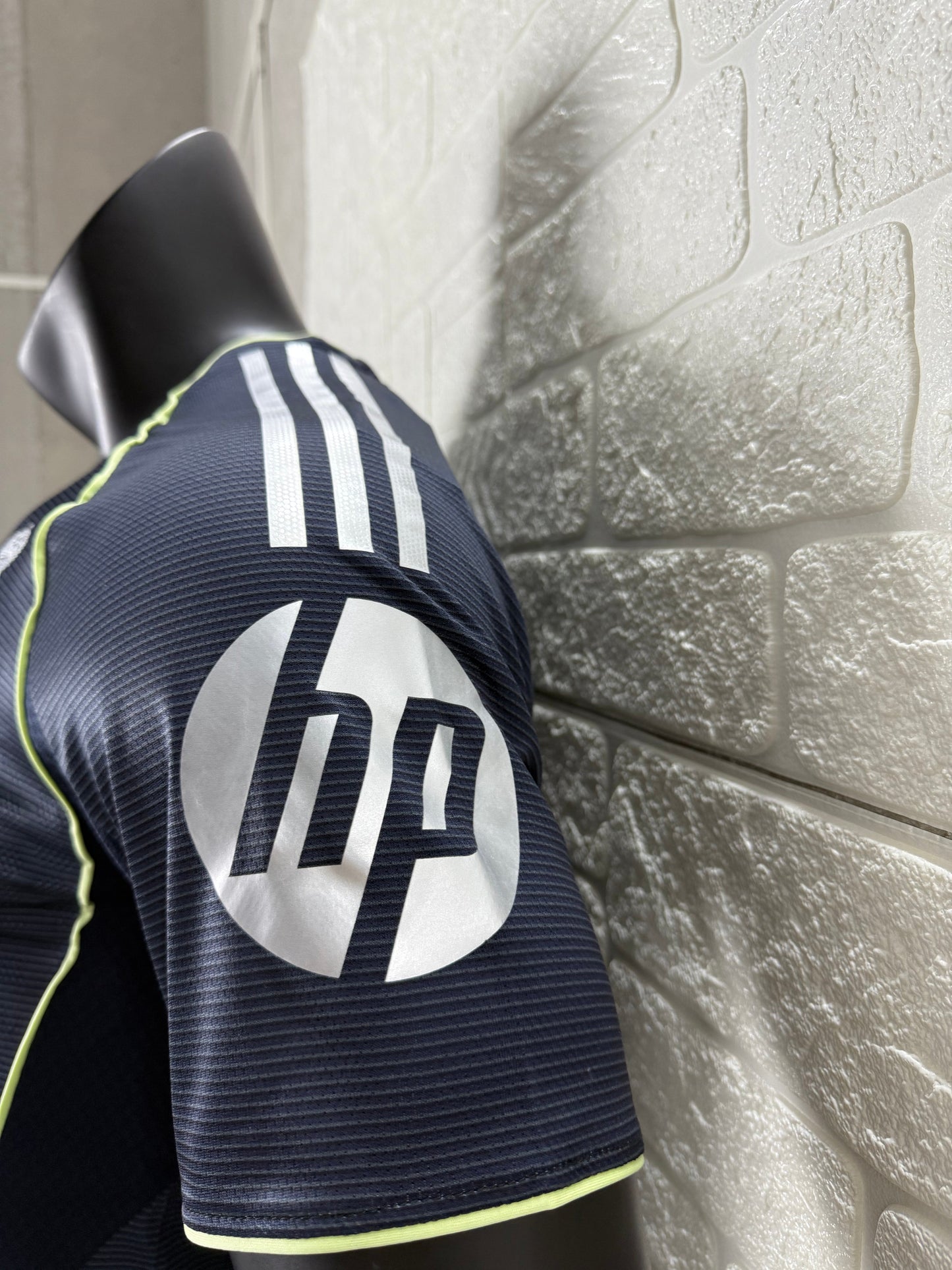 2025/26 Real Madrid Away Player Version Jersey -  Dark Navy Blue Tonal Horizontal Stripe - Neon Yellow Green Piping - Emirates Fly Better