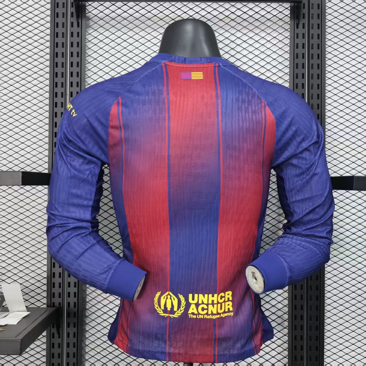 2025/26 FC Barcelona Home Long Sleeve Player Version Jersey - Men's - Dri-FIT ADV - Royal Blue & Deep Red Vertical Wide Stripe - White Crew Neck - Yellow Nike Swoosh - FCB Crest - Spotify Yellow Sponsor
