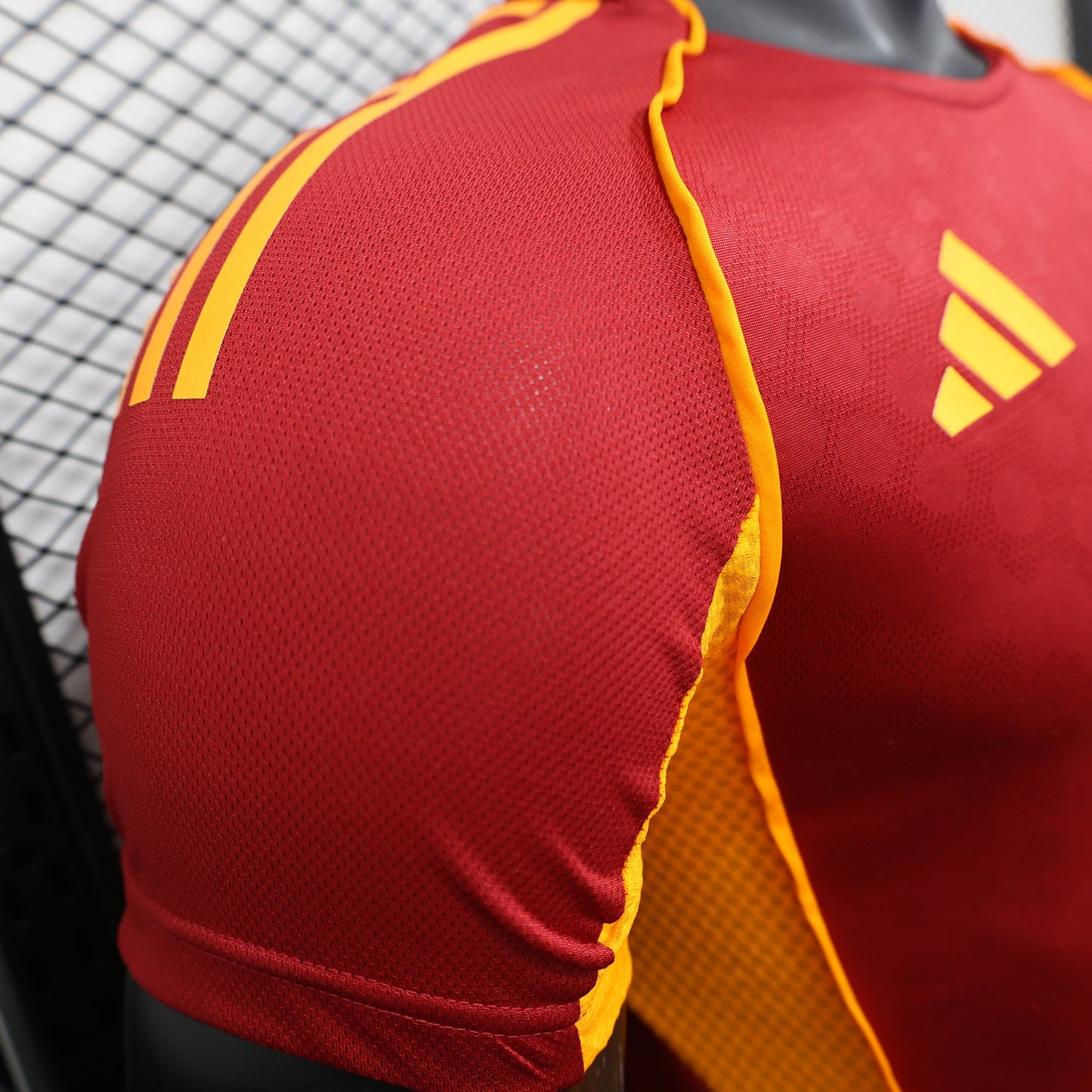 2025/26 AS Roma Home Player Version Jersey - Claret Dark Red Body - Gold Yellow Side Panels & Sleeves - Riyadh Season Gold Yellow Sponsor