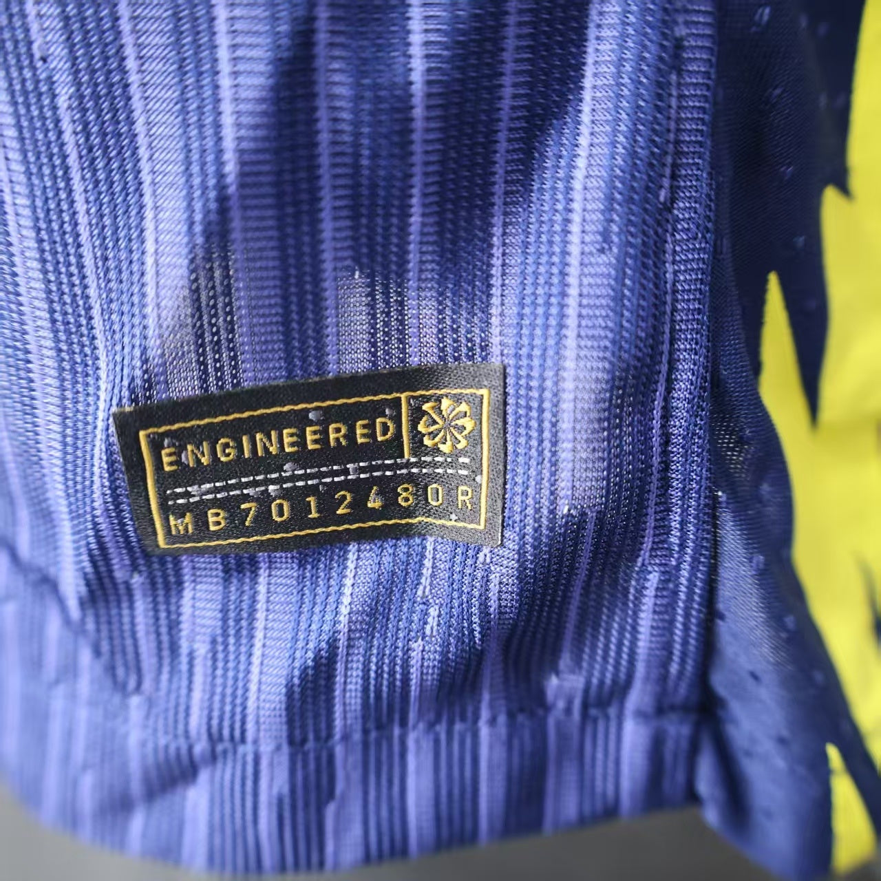 2025/26 Atlético Madrid Away Long Sleeve Player Version Jersey - Deep Navy Body All-Over Subtle Vertical Pinstripe Tonal Texture Deep Navy V-Neck Collar - Nike Volt Yellow-Green Swoosh - Atlético Madrid Official Shield Crest Volt Yellow-Green - Men's