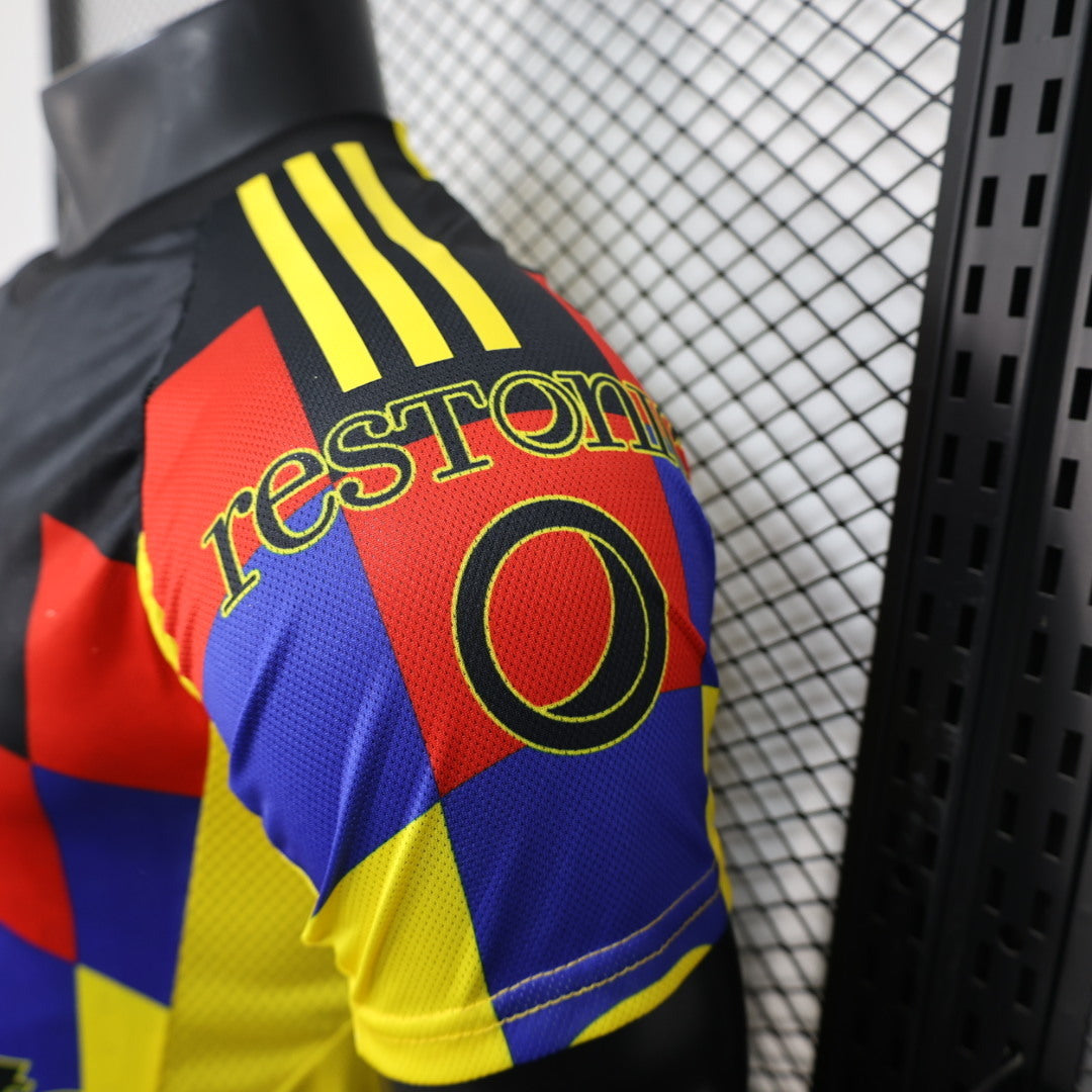 2025/26 Club América Home Player Version Jersey - Yellow Body Black Upper Chest Red Blue Geometric Colour Block Panels - Yellow Three Stripes - Club América Crest - Caliente.mx Principal Sponsor