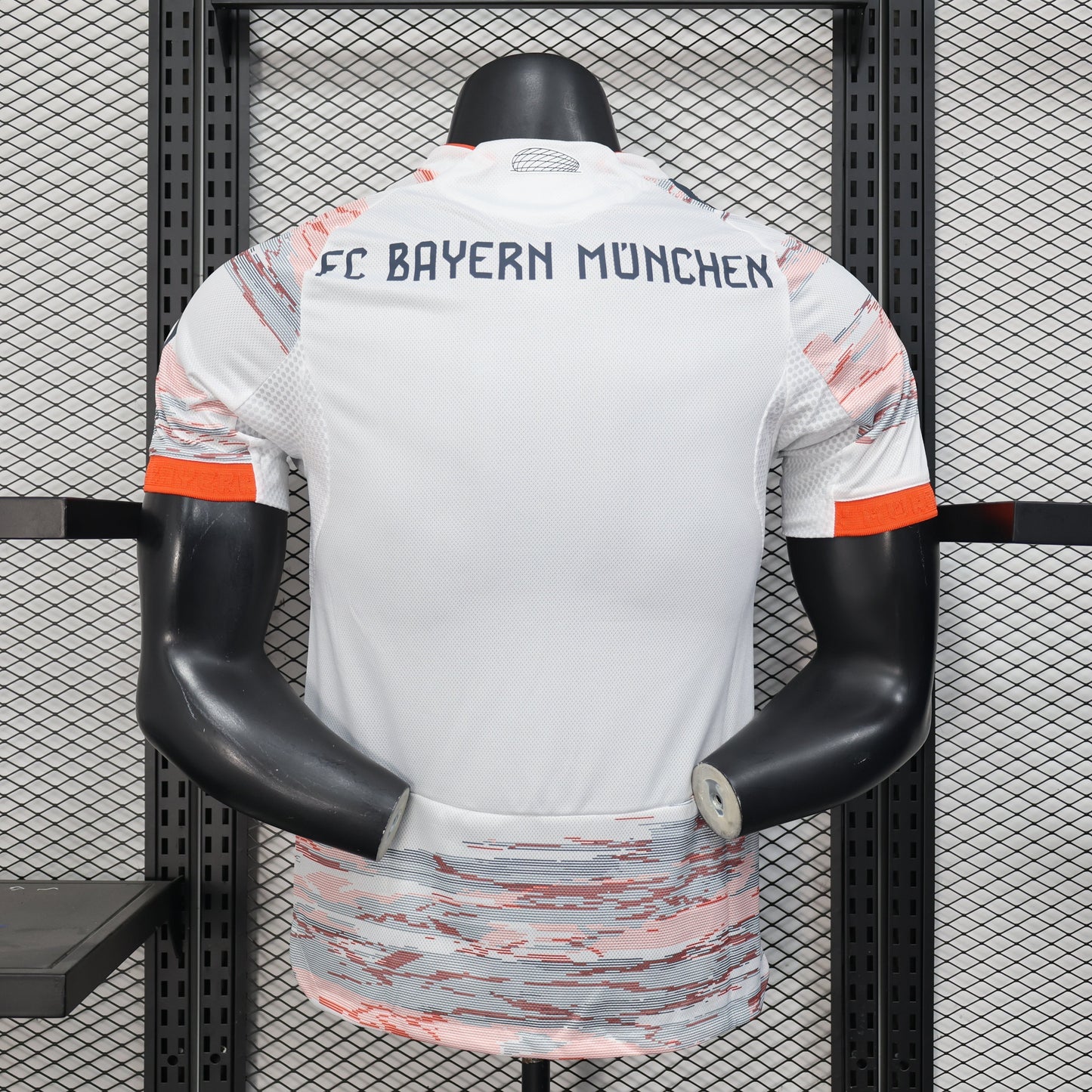 2025/26 Bayern Munich Away Player Version Jersey - White Body Red & Grey Horizontal Brushstroke Graphic - Orange Sleeve Cuffs - Black Adidas Three Stripes - FC Bayern Crest - Deutsche Telekom T Logo