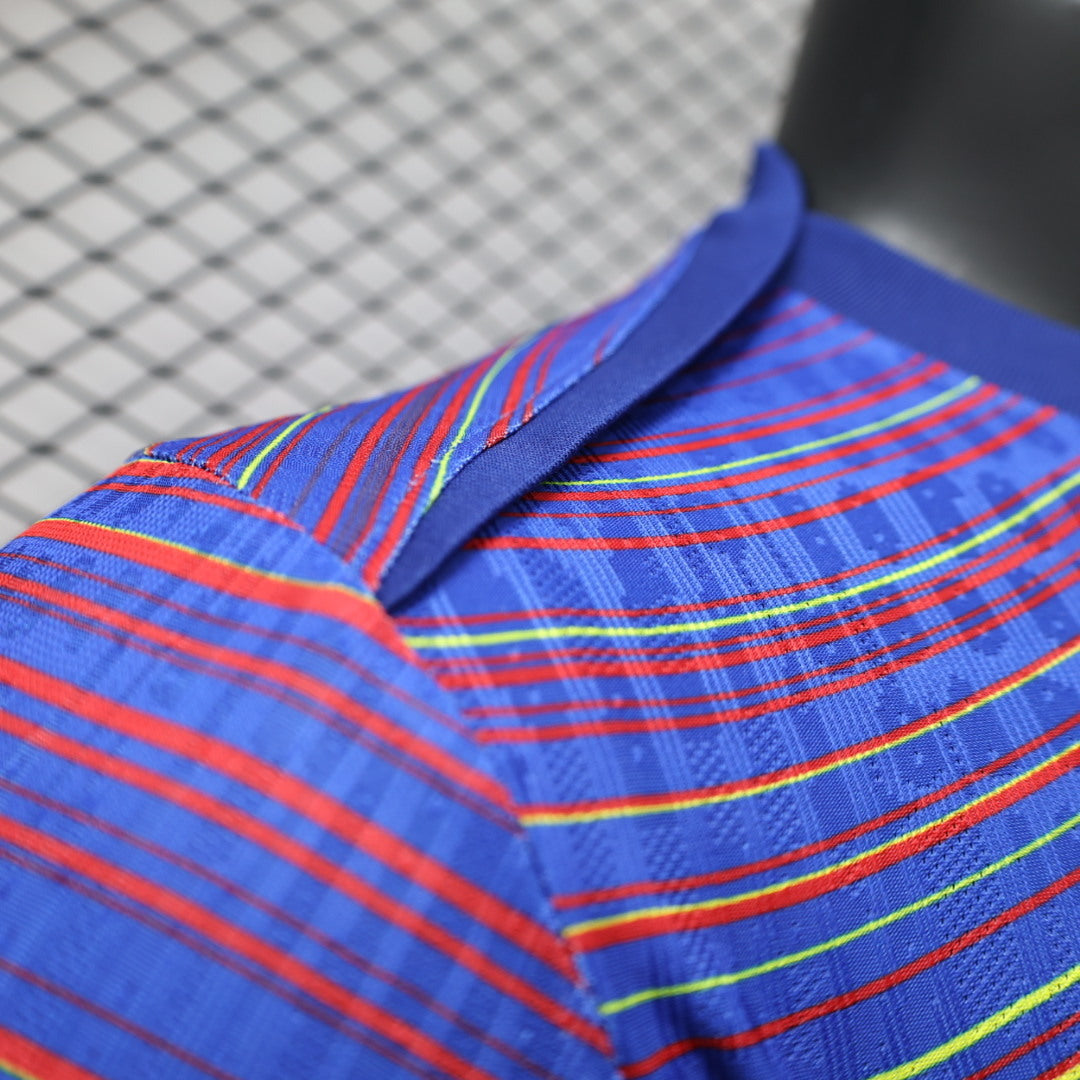 2025/26 FC Barcelona Pre-Match Player Version Jersey - Men's - Deep Purple-Blue Body Multicolour Wave Stripe - Dark Navy Crew Neck - Yellow Swoosh - FCB Crest - Spotify Yellow Sponsor