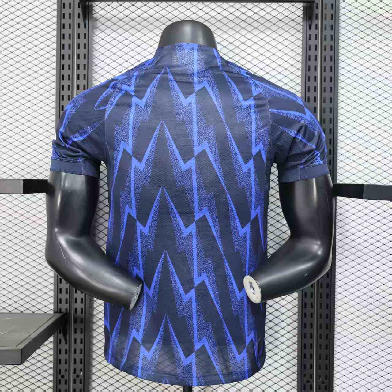 2025/26 Arsenal Away Player Version Jersey - Dark Navy Blue Body All-Over Blue Lightning Bolt Zigzag Graphic Red Sleeve Cuff Trim - White Three Stripes - Arsenal Cannon Crest - Emirates Fly Better - Men's