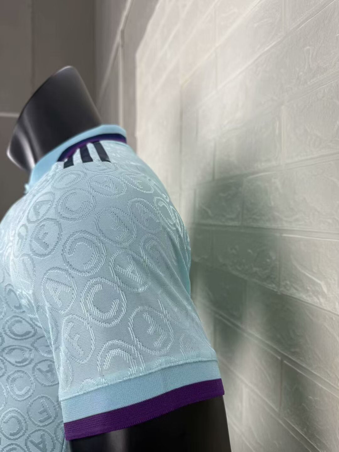2025/26 Arsenal Special Edition Player Version Jersey - Ice Blue Body All-Over Tonal Cannon Circular Emboss Pattern Deep Purple Polo Collar Deep Purple Sleeve Cuff Trim - Dark Navy Three Stripes - Dark Navy Arsenal Cannon Crest - Emirates Fly Better