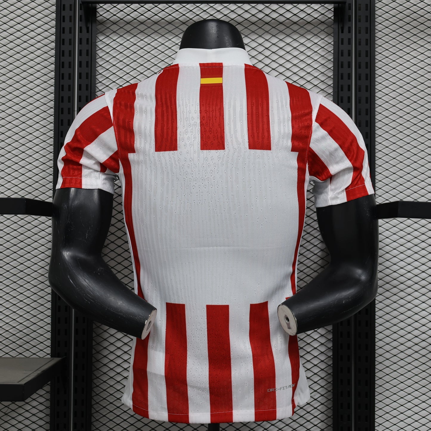 2025/26 Atlético de Madrid Home Player Version Jersey -  Red & White Vertical Wide Stripe - White V-Neck Collar - Blue Nike Swoosh - Atlético Crest - Riyadh Air Blue Sponsor