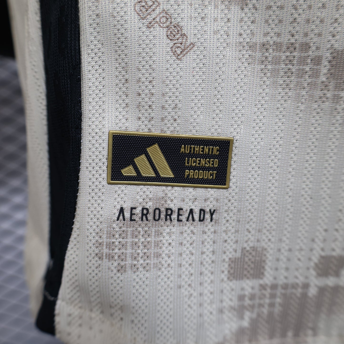 2025/26 New York Red Bulls Away Player Version Jersey - Adidas - Off-White Cream Desert Camouflage Pattern - Black Side Panels - Red Bull Double Bull Yellow Sun Crest