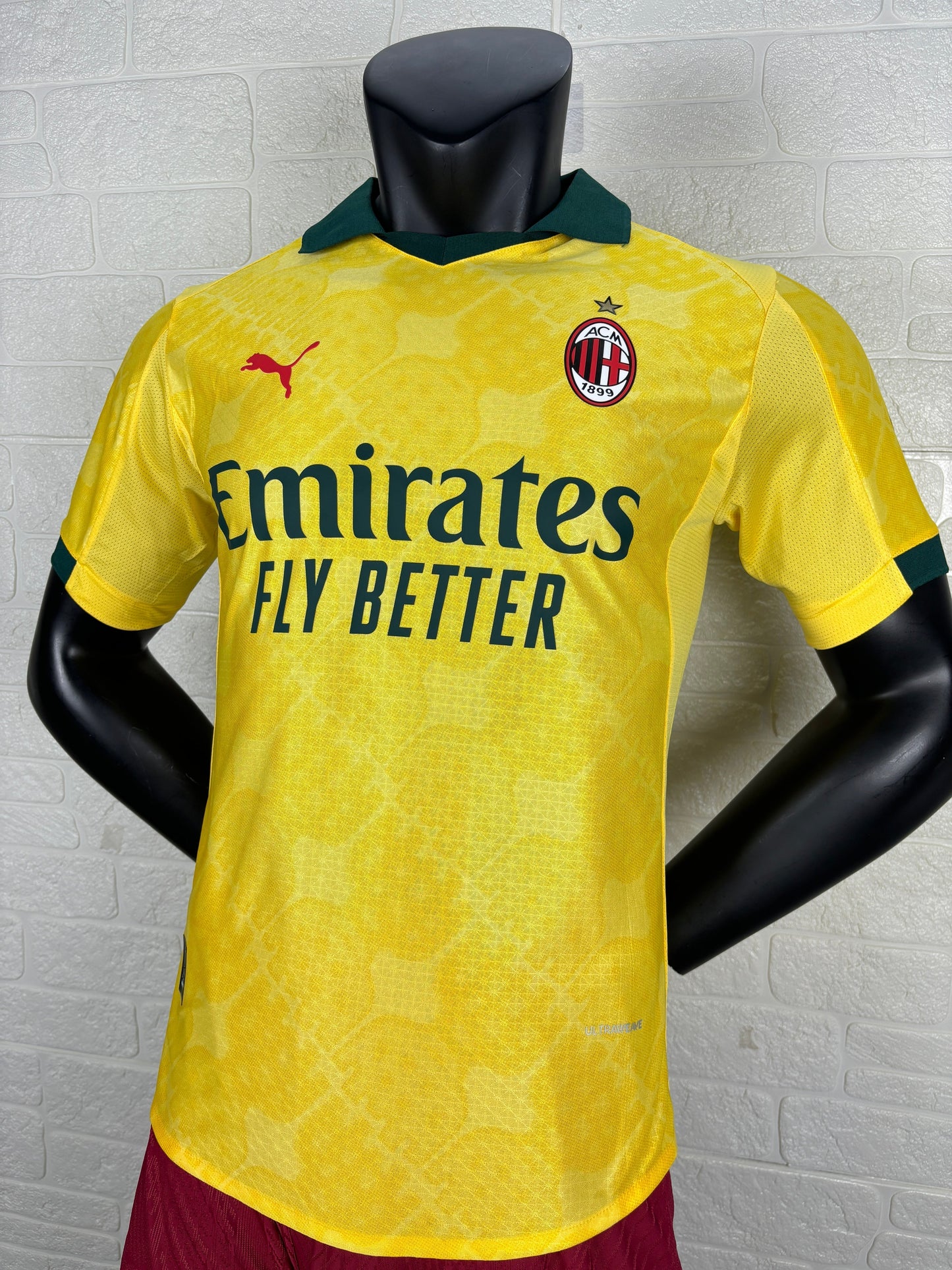 2025/26 AC Milan Third Away Player Version Jersey -  Yellow Dark Green - Emirates - AC Milan Shadow Pattern