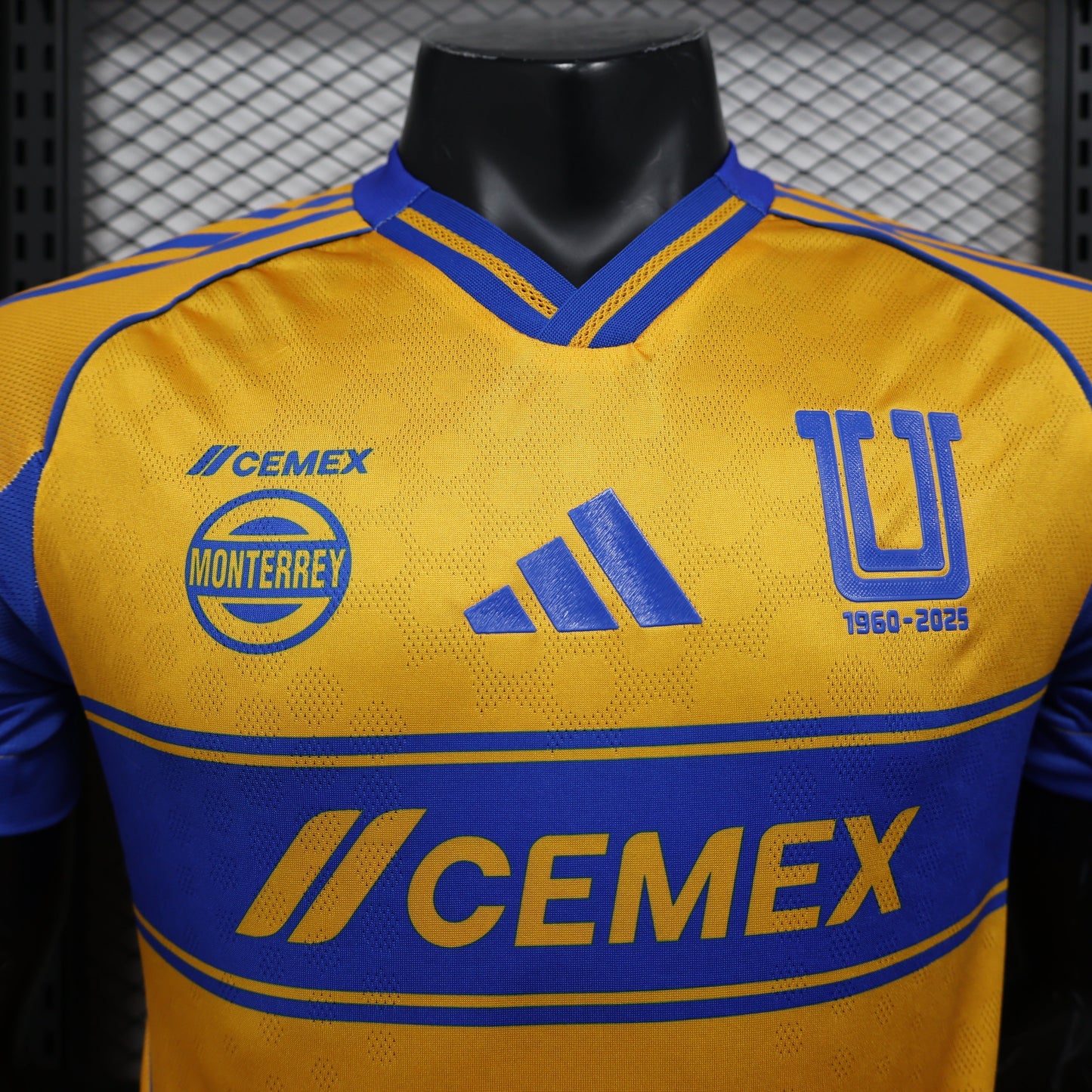 2025/26 Tigres UANL Home Player Version Jersey 65th Anniversary - Gold Yellow Body - Wide Blue Horizontal Stripe Band - Blue Sleeves - CEMEX Gold Sponsor - Tigres U 1960-2025 Crest