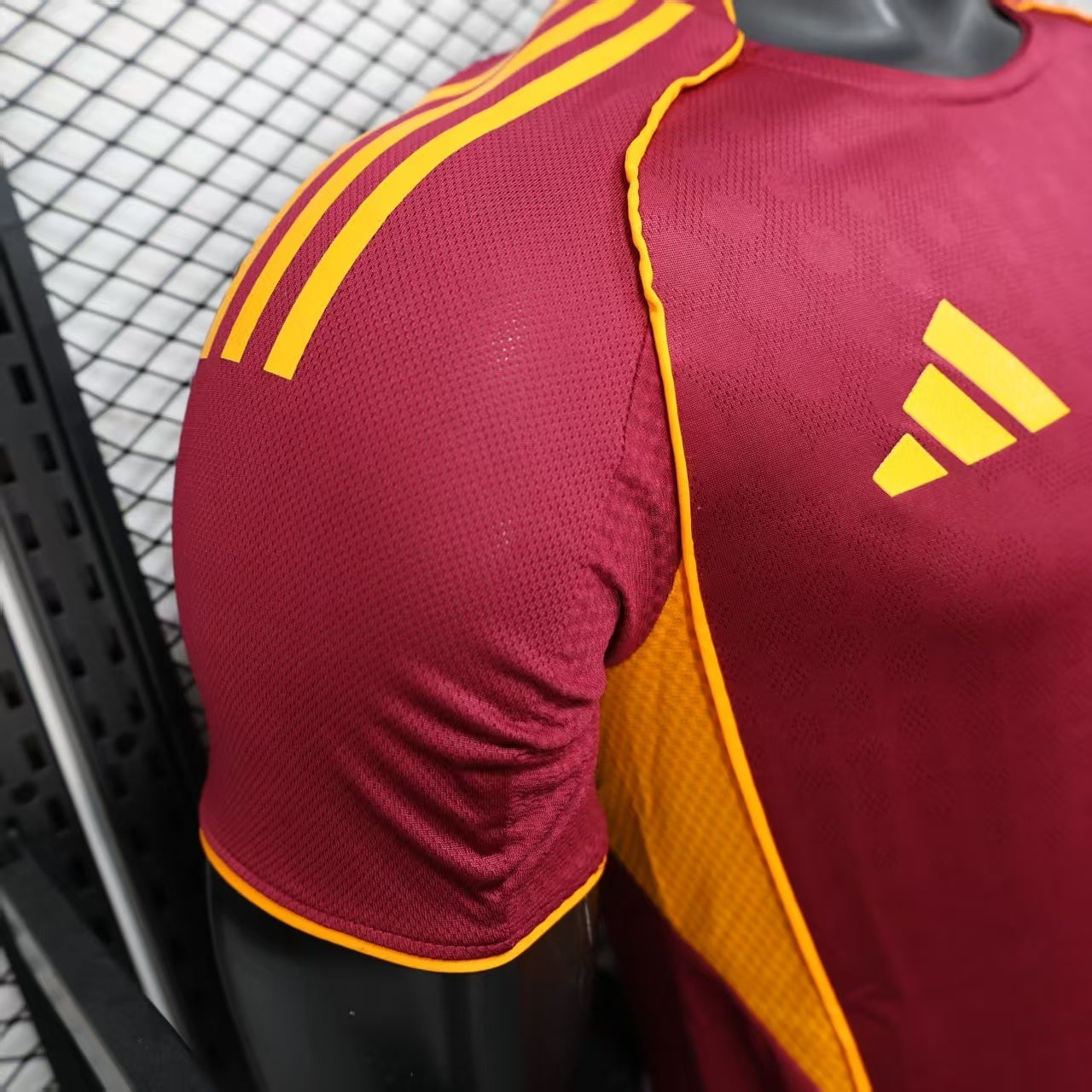 2025/26 AS Roma Home Player Version Jersey - Deep Maroon Body Gold Yellow Side Panel Stripe Seam Detail Gold Yellow Three Stripes - AS Roma Official Shield Crest Gold Yellow Purple She-Wolf Romulus Remus - Men's