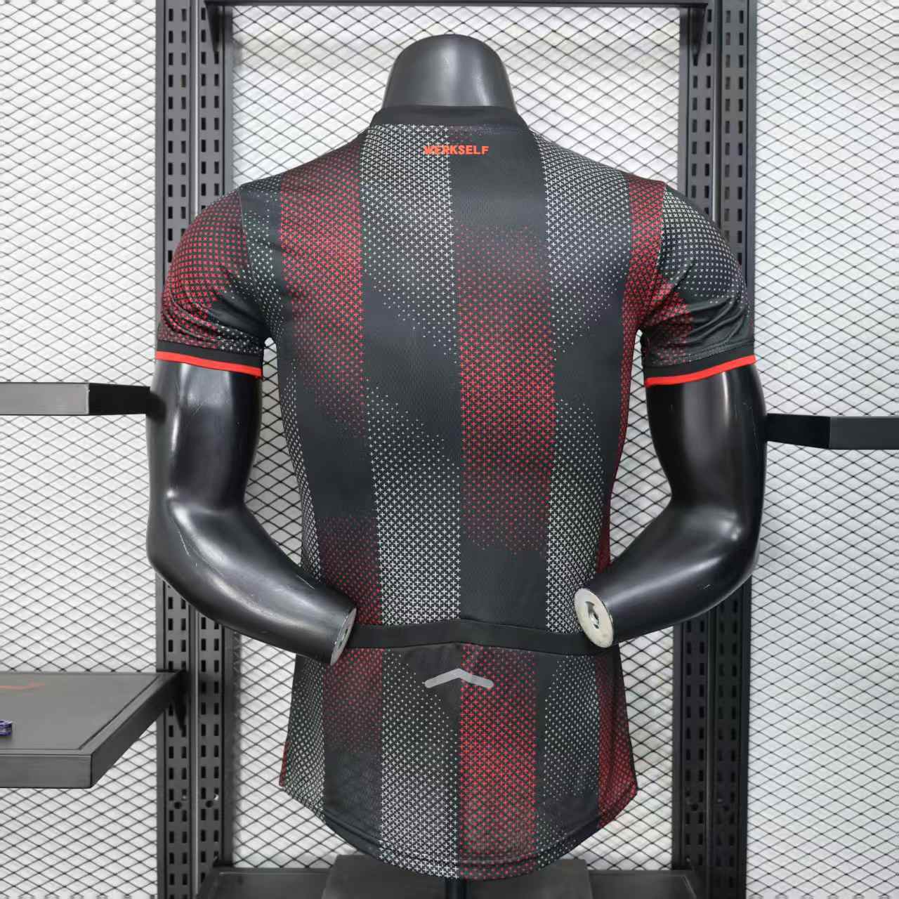 2025/26 Bayer Leverkusen Home Player Version Jersey - Black Dark Red Vertical Stripe All-Over Dot Texture -  Crew Neck Red Trim - Red Sleeve Cuffs - Bayer Leverkusen Crest - Barmenia Gothaer Principal Sponsor