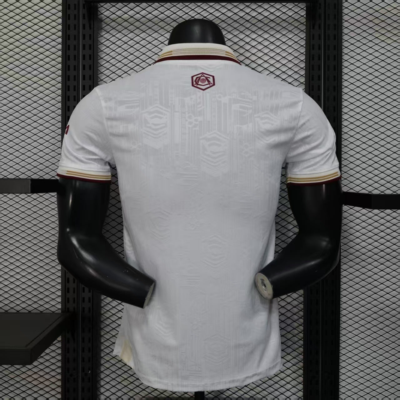 2025/26 Arsenal Away Player Version Jersey - White Body All-Over Subtle Tonal Graphic Texture Deep Maroon Polo Collar Gold Cream Stripe Trim - Originals Trefoil - Arsenal Cannon Crest - Emirates Fly Better - Men's