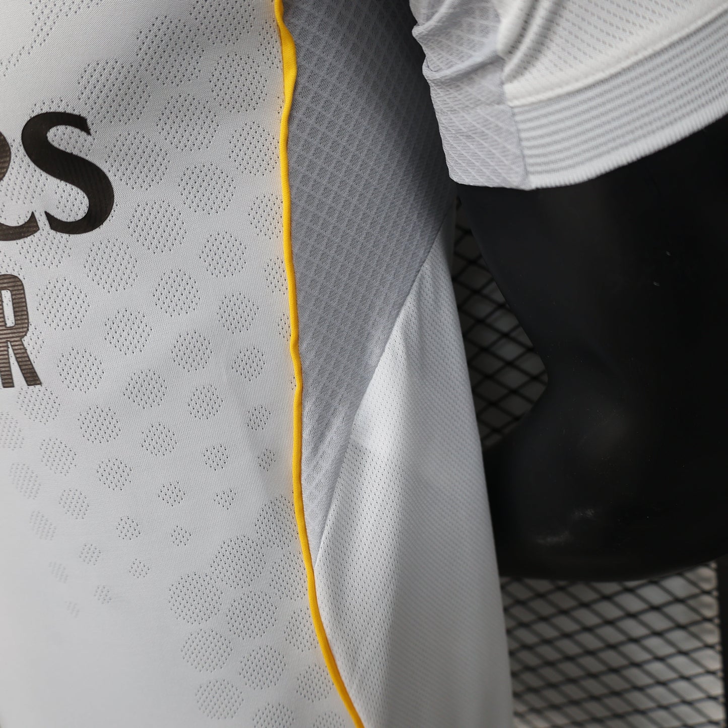 2025/26 Real Madrid Home Player Version Jersey -  White Grey Tonal Diamond Honeycomb Texture - Gold Yellow Side Seam Piping - Emirates Fly Better