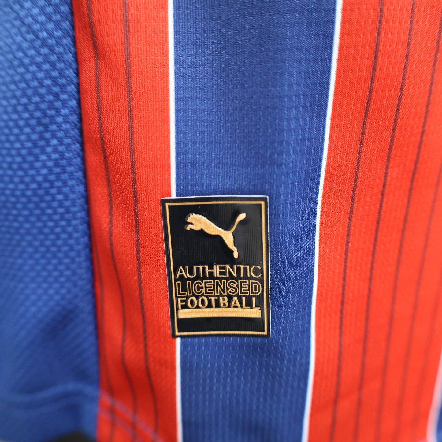 2025/26 Bahia Away Player Version Jersey  - Blue & Red Vertical Wide Stripe - Blue V-Neck Collar - White Puma Logo - Bahia Crest Three Gold Stars - Clean Chest