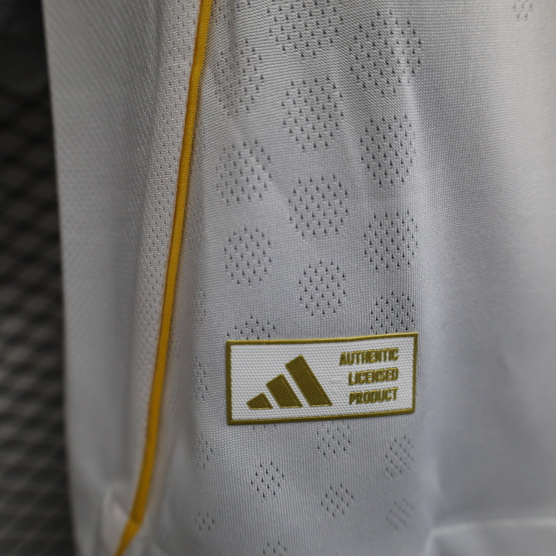 2025/26 Real Madrid Home Long Sleeve Player Version Jersey - White Grey Tonal Fine Texture - Gold Yellow Side Seam Piping - Emirates Fly Better