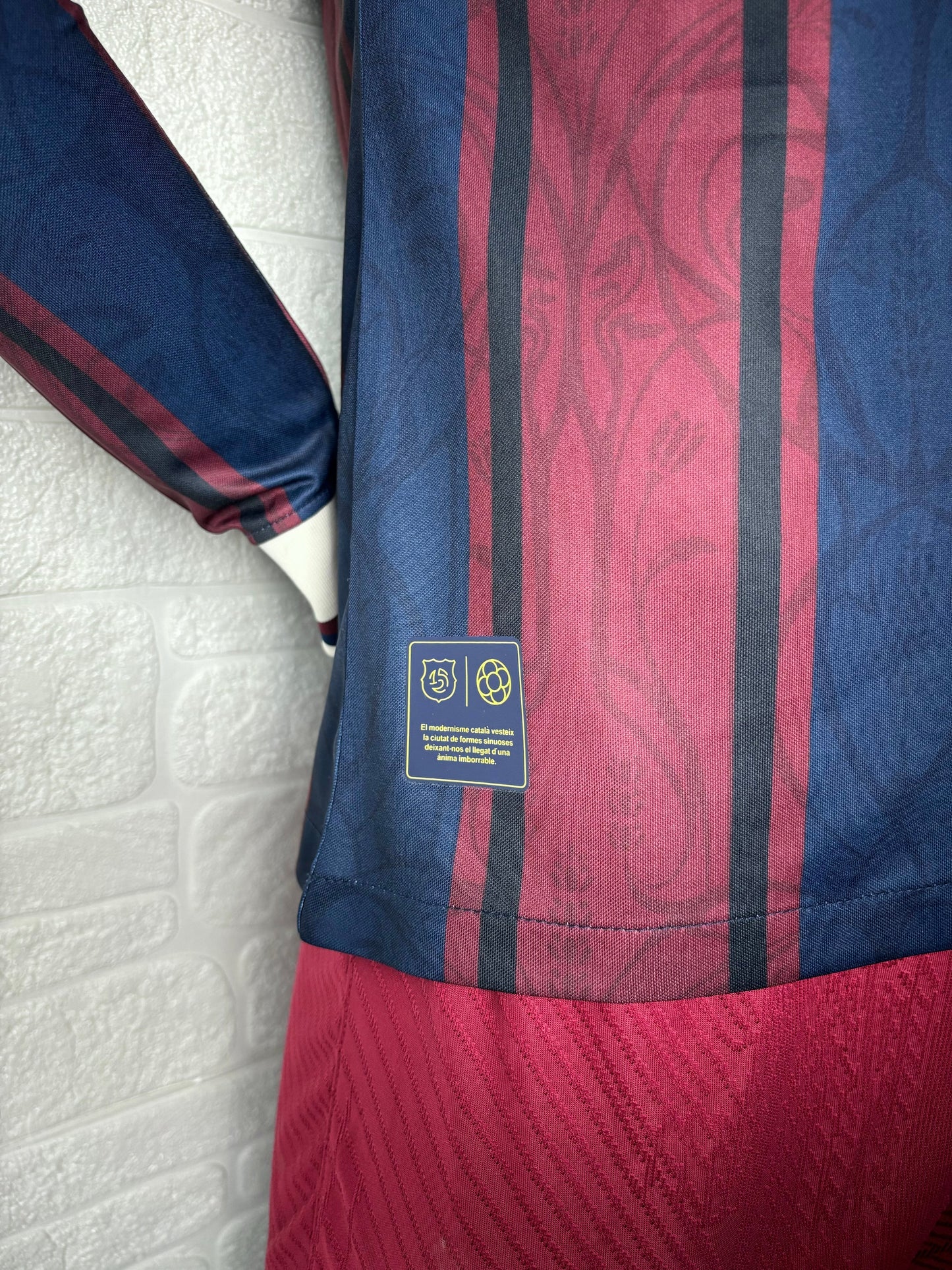 2025/26 FC Barcelona 125th Anniversary Edition Player Version Long Sleeve Jersey - Dark Navy Blue & Deep Burgundy Vertical Stripe - White Retro Polo Collar - Gold Barça Script - Retro FCB Crest - Clean Chest