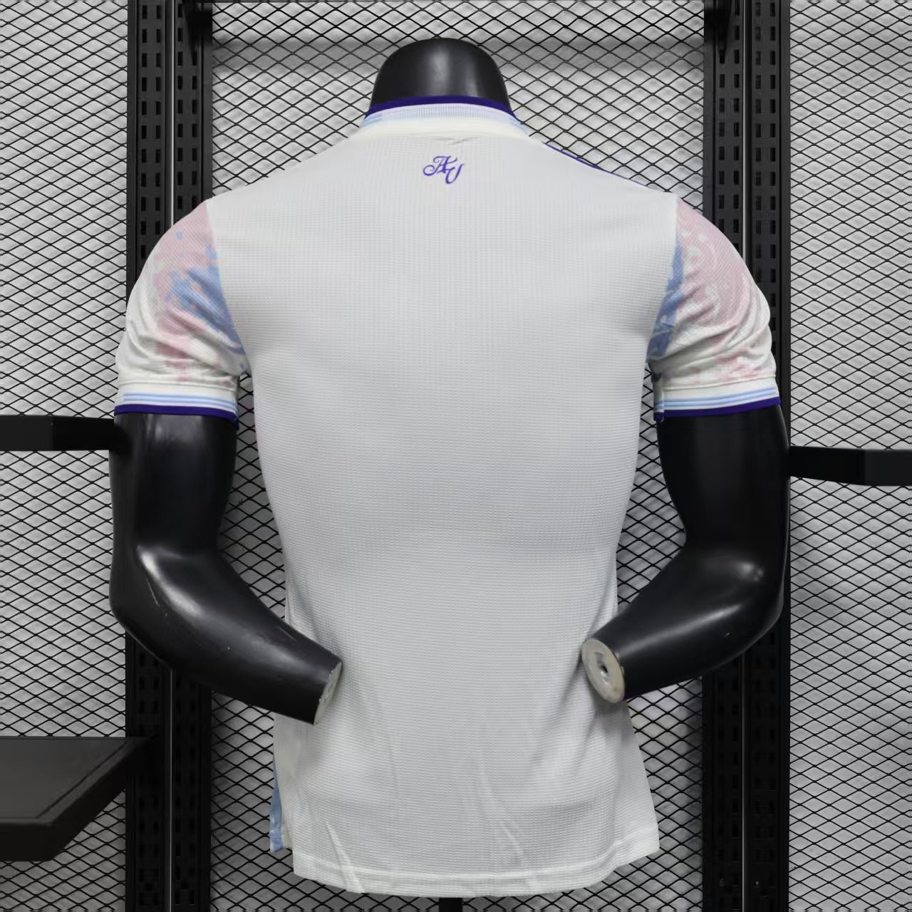 2025/26 Aston Villa Away Player Version Jersey - White Body All-Over Blue Pink Watercolour Wash Camo Graphic Dark Navy V-Neck Collar Dark Navy Sleeve Cuff Trim - Originals Trefoil - Aston Villa Lion Shield Crest - Betano - Men's