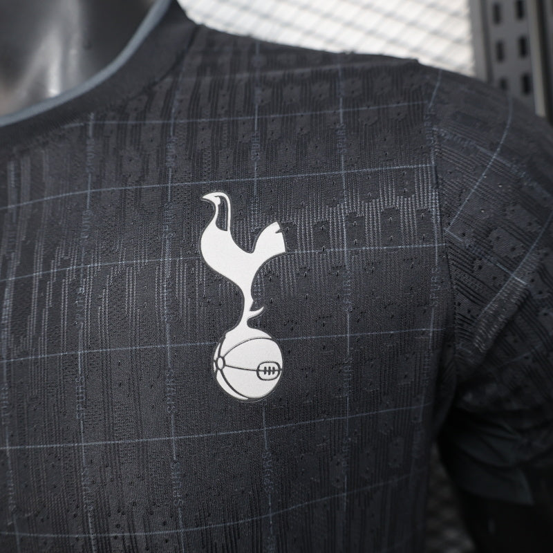 2025/26 Tottenham Hotspur Away Player Version Jersey -  All-Black Body - Black-on-Black Tonal Grid Diamond Check Texture - White Nike Swoosh - White Spurs Cockerel Crest