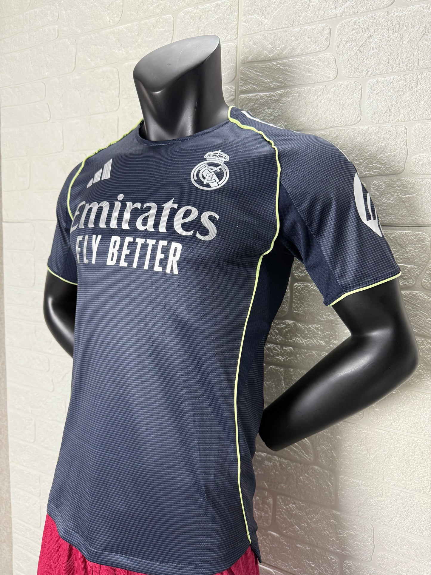 2025/26 Real Madrid Away Player Version Jersey - Dark Navy Blue Tonal Horizontal Stripe - Neon Yellow Green Piping - Emirates Fly Better