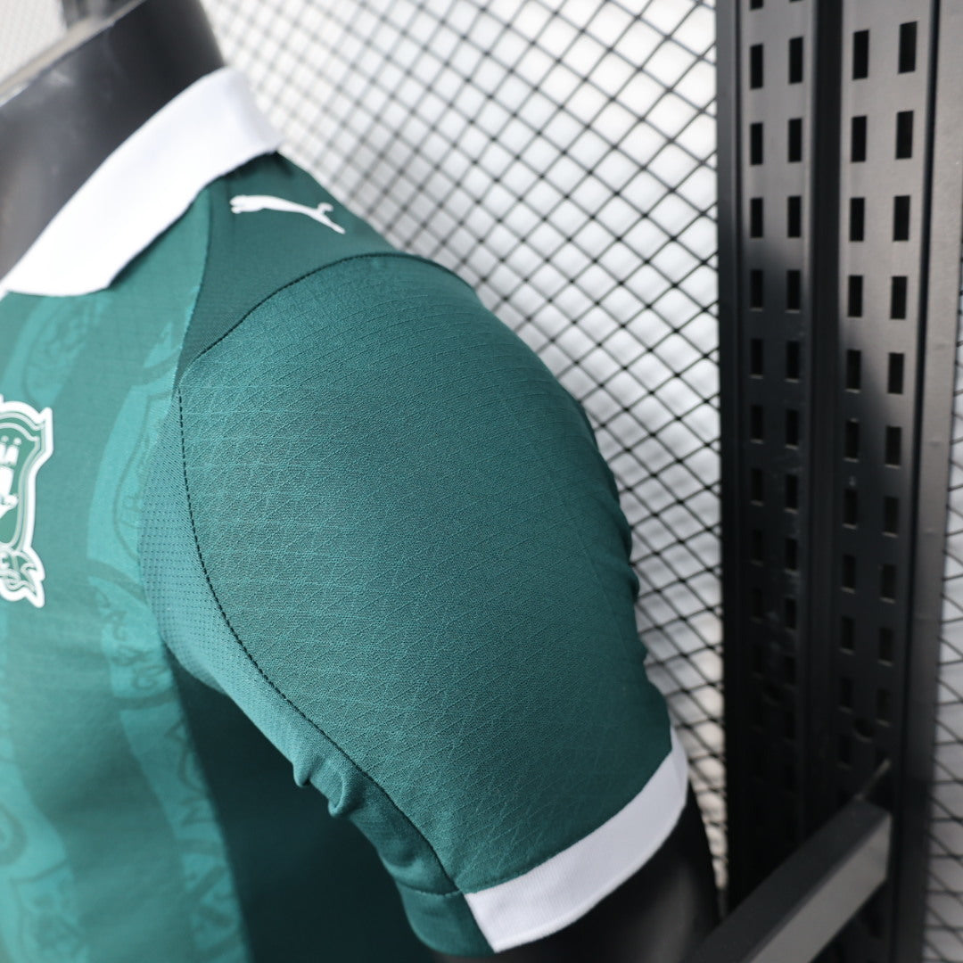 2025/26 Plymouth Argyle Home Player Version Jersey -  Dark Green Tonal All-Over Pattern - White Polo Collar