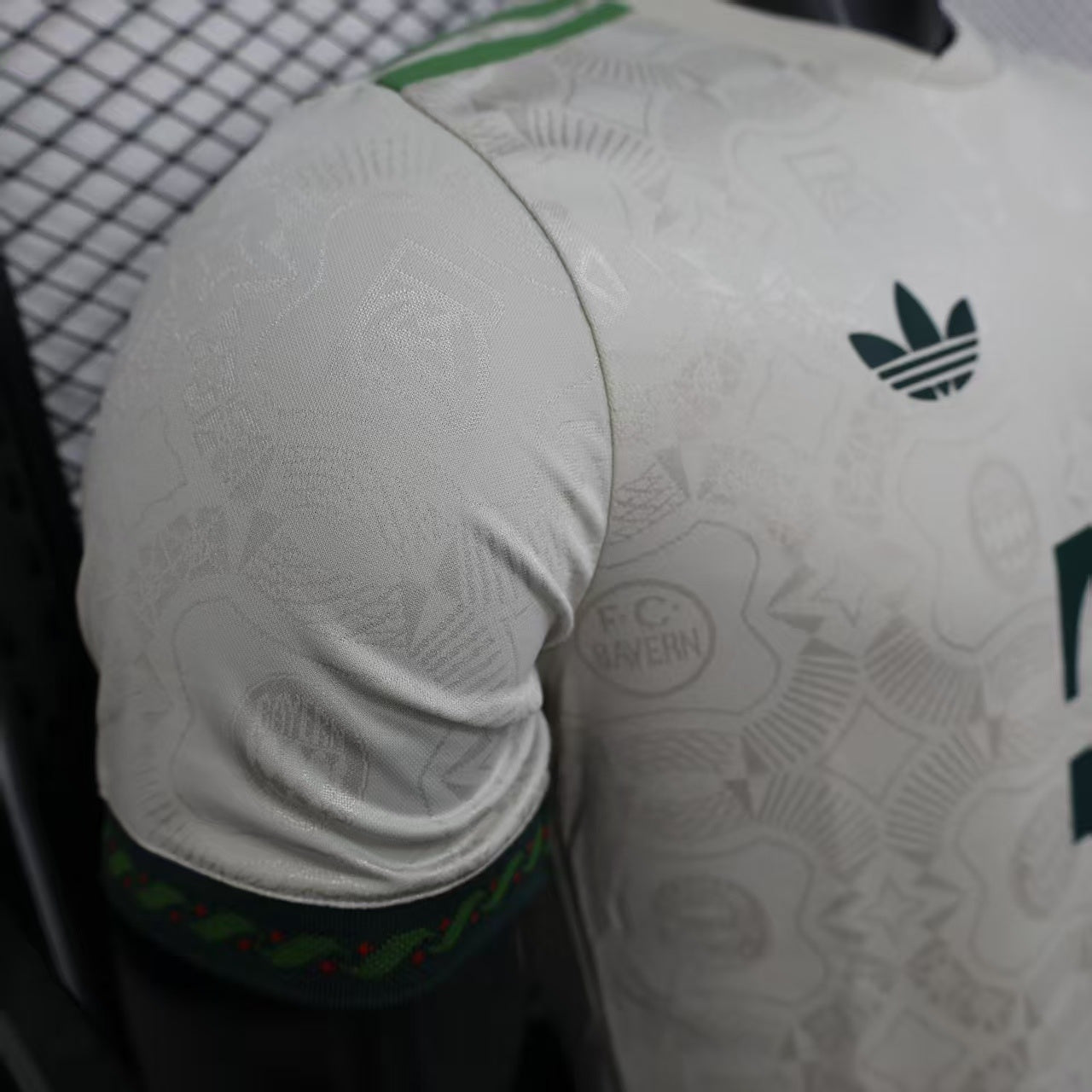 2025/26 Bayern Munich Beer Edition Player Version Jersey - Off-White Body - Dark Green Crew Neck Trim & Sleeve Cuffs - Bayern Munich Dark Green Special Crest - Deutsche Telekom T Dark Green Principal Sponsor