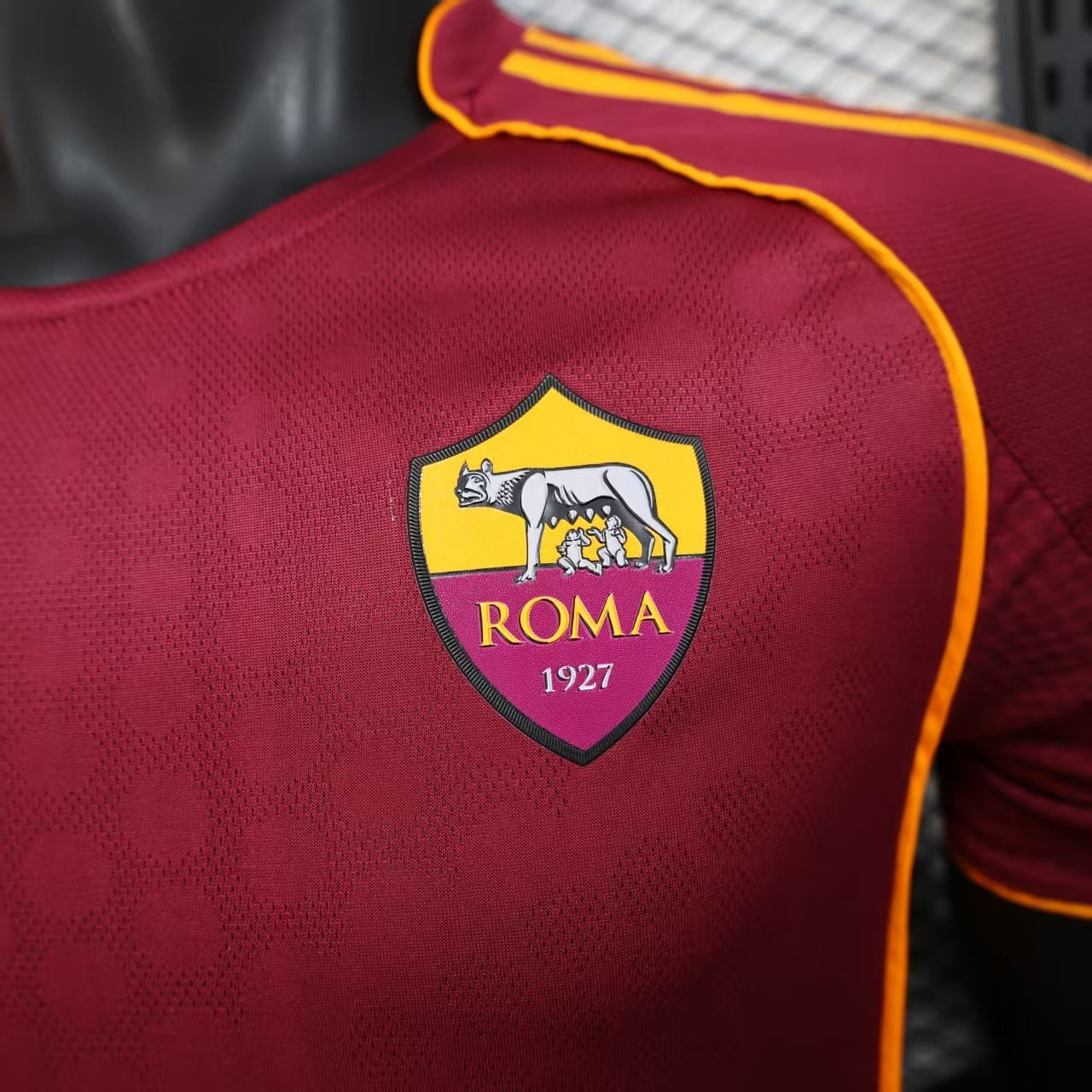 2025/26 AS Roma Home Player Version Jersey - Deep Maroon Body Gold Yellow Side Panel Stripe Seam Detail Gold Yellow Three Stripes - AS Roma Official Shield Crest Gold Yellow Purple She-Wolf Romulus Remus - Men's