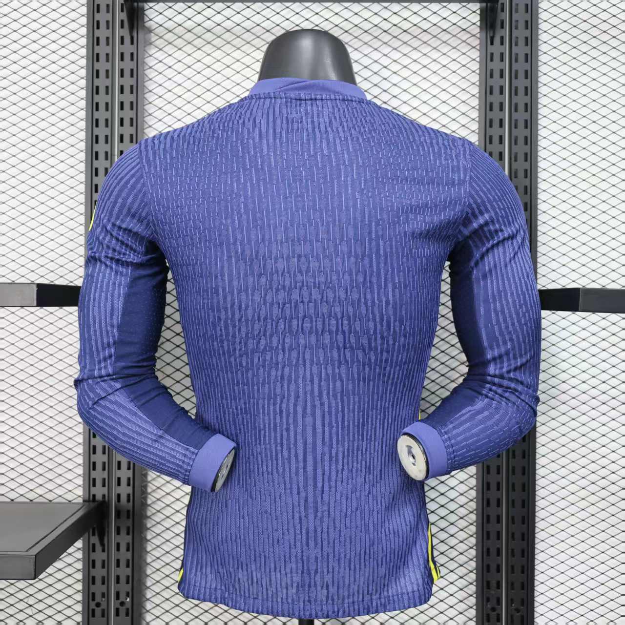 2025/26 Atlético Madrid Away Long Sleeve Player Version Jersey - Deep Navy Body All-Over Subtle Vertical Pinstripe Tonal Texture Deep Navy V-Neck Collar - Nike Volt Yellow-Green Swoosh - Atlético Madrid Official Shield Crest Volt Yellow-Green - Men's