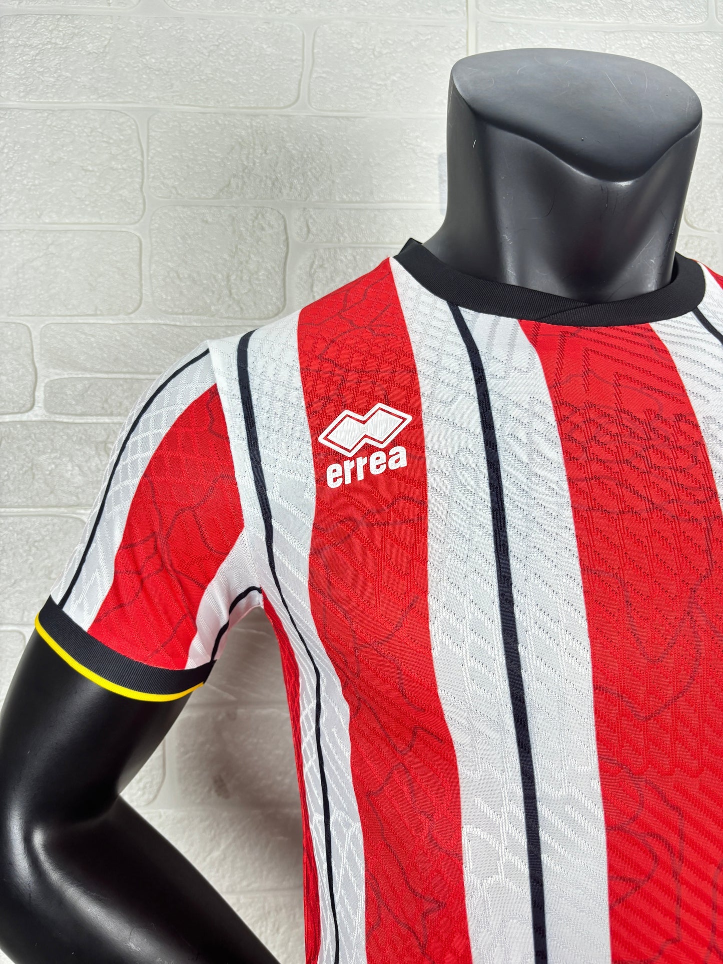 2025/26 Sheffield United Home Player Version Jersey - Erreà - Red White Vertical Wide Stripe - Black Crew Neck Collar - Black Sleeve Cuff & Hem Band with Yellow Piping
