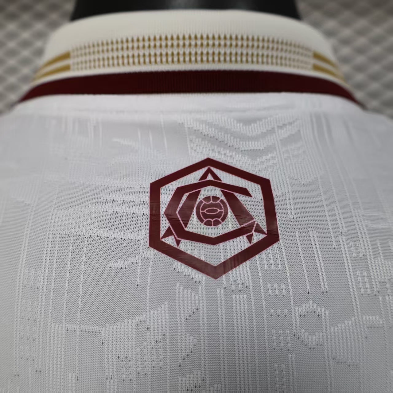 2025/26 Arsenal Away Player Version Jersey - White Body All-Over Subtle Tonal Graphic Texture Deep Maroon Polo Collar Gold Cream Stripe Trim - Originals Trefoil - Arsenal Cannon Crest - Emirates Fly Better - Men's