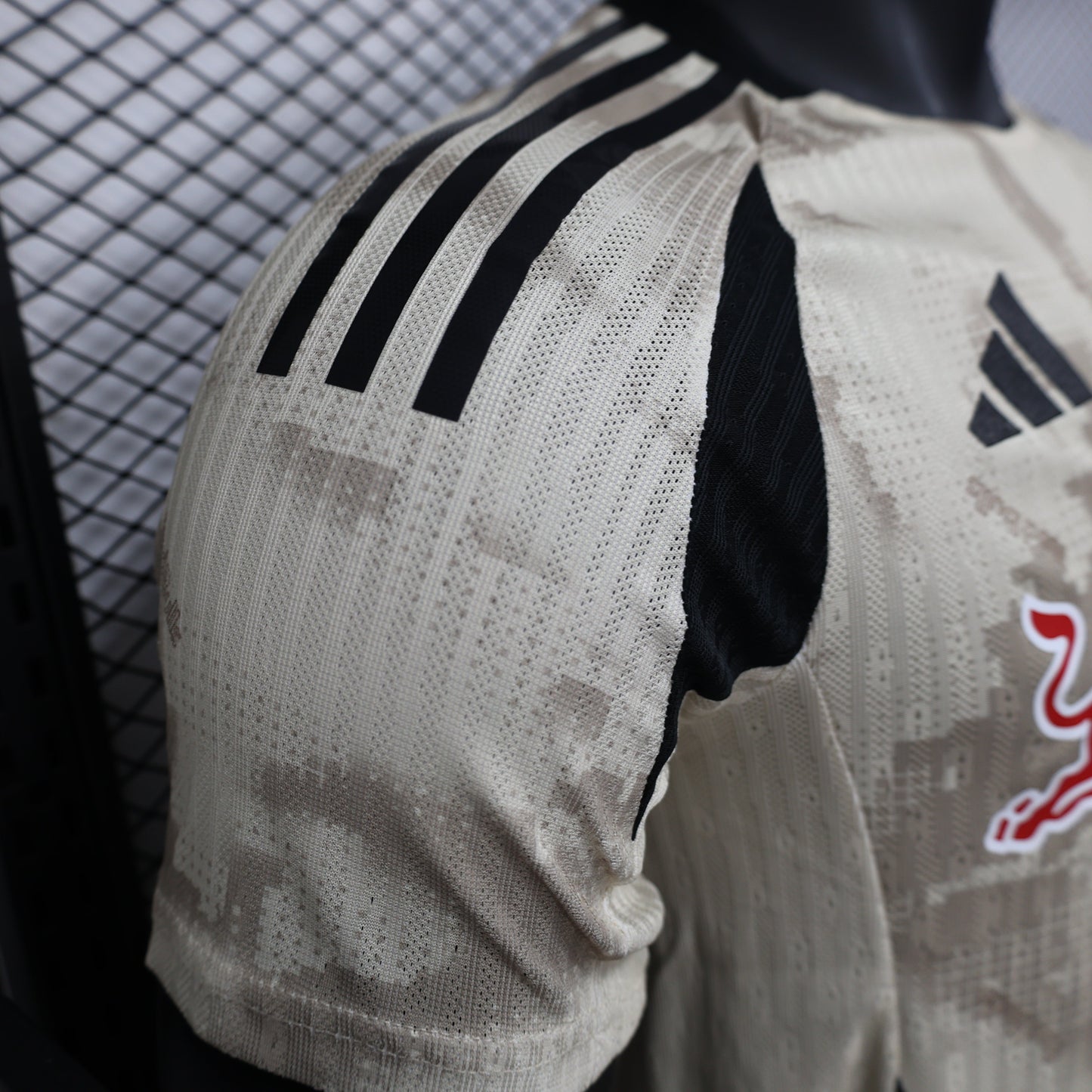 2025/26 New York Red Bulls Away Player Version Jersey - Adidas - Off-White Cream Desert Camouflage Pattern - Black Side Panels - Red Bull Double Bull Yellow Sun Crest