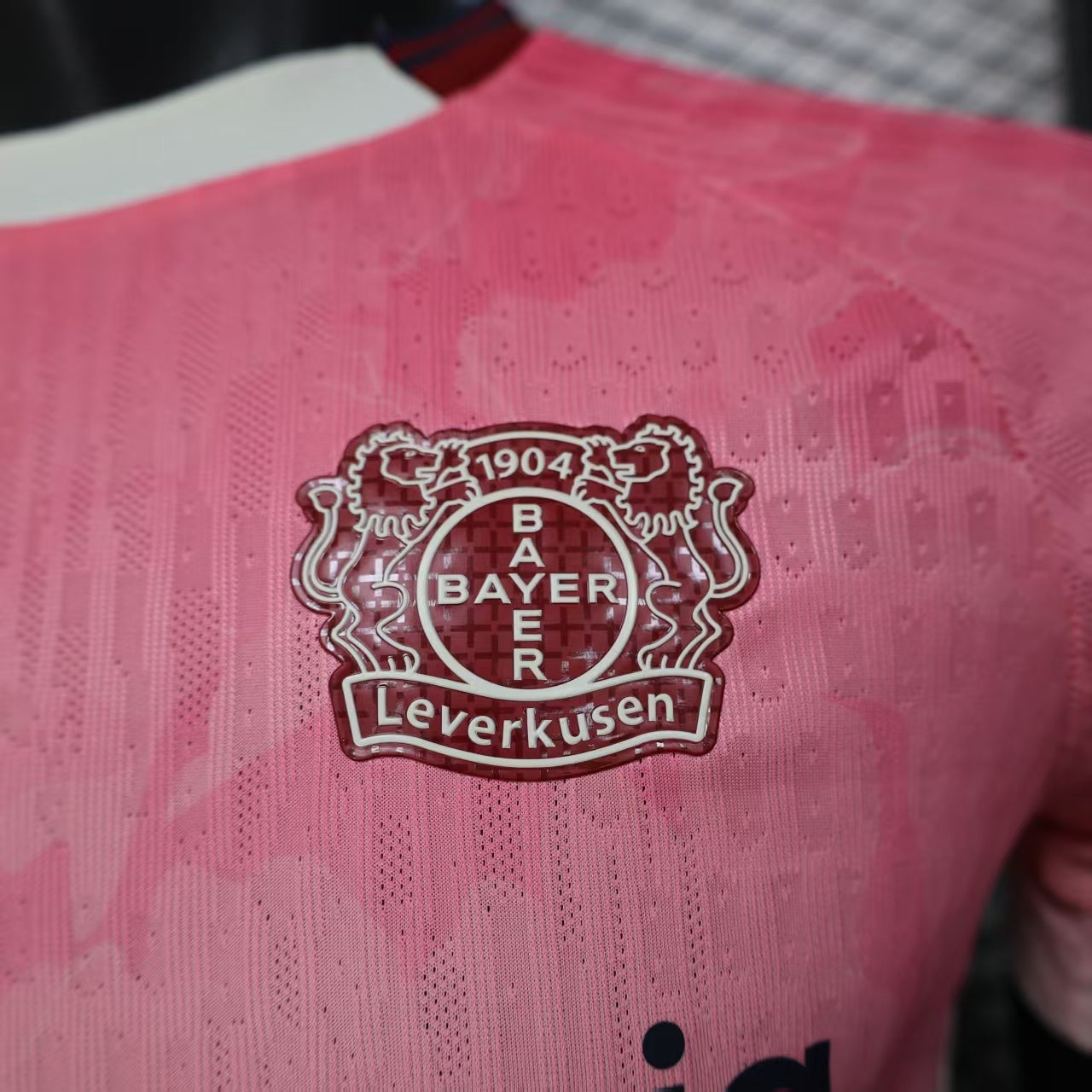 2025/26 Bayer Leverkusen Away Player Version Jersey - Pink-to-White Gradient - New Balance - Crew Neck Dark Red Trim - Bayer Leverkusen Crest - Barmenia Gothaer Principal Sponsor