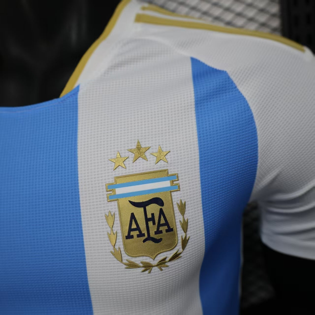 2025/26 Argentina Home Player Version Jersey - White Body Sky Blue Vertical Stripes Three Gold Stars - Gold Three Stripes - AFA Crest - Men's