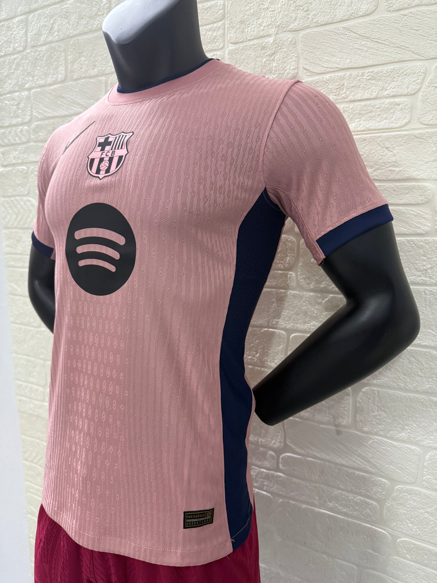 2025/26 FC Barcelona Third Player Version Jersey - Pink Body -Dri-FIT ADV - Pink Crew Neck Navy Blue Trim - Navy Blue Sleeve Cuffs - Black Nike Swoosh - FCB Pink Monochrome Crest - Spotify Black Sponsor