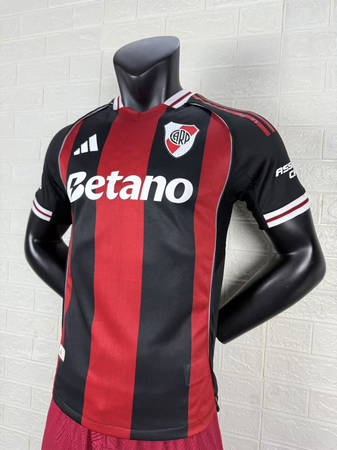2025/26 River Plate Away Player Version Jersey -  Black Red Vertical Wide Stripe - White Red Striped V-Neck Collar - Betano White Sponsor