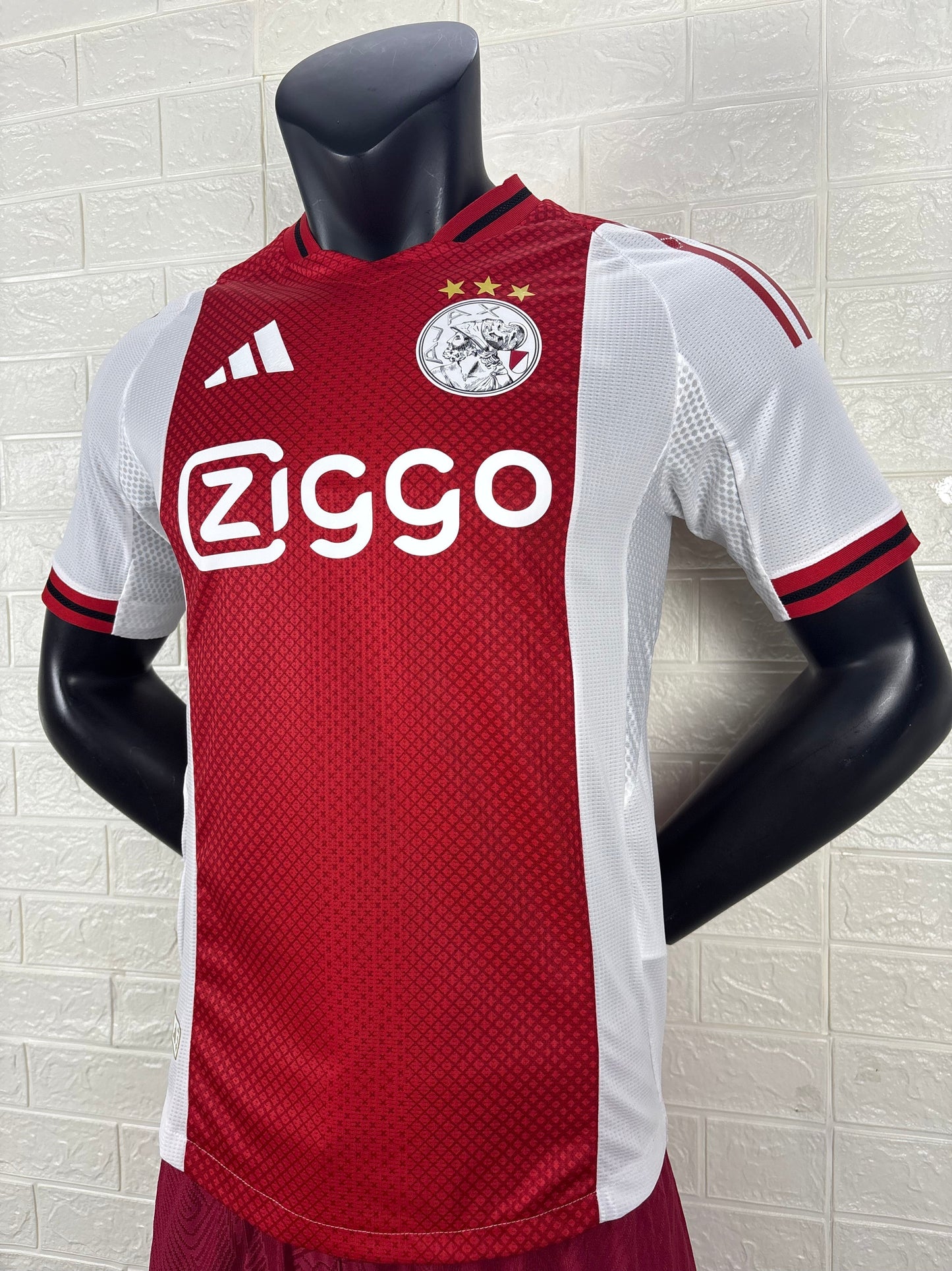 2025/26 Ajax Home Player Version Jersey - Red White - Ziggo - Diamond Texture - Four Gold Stars