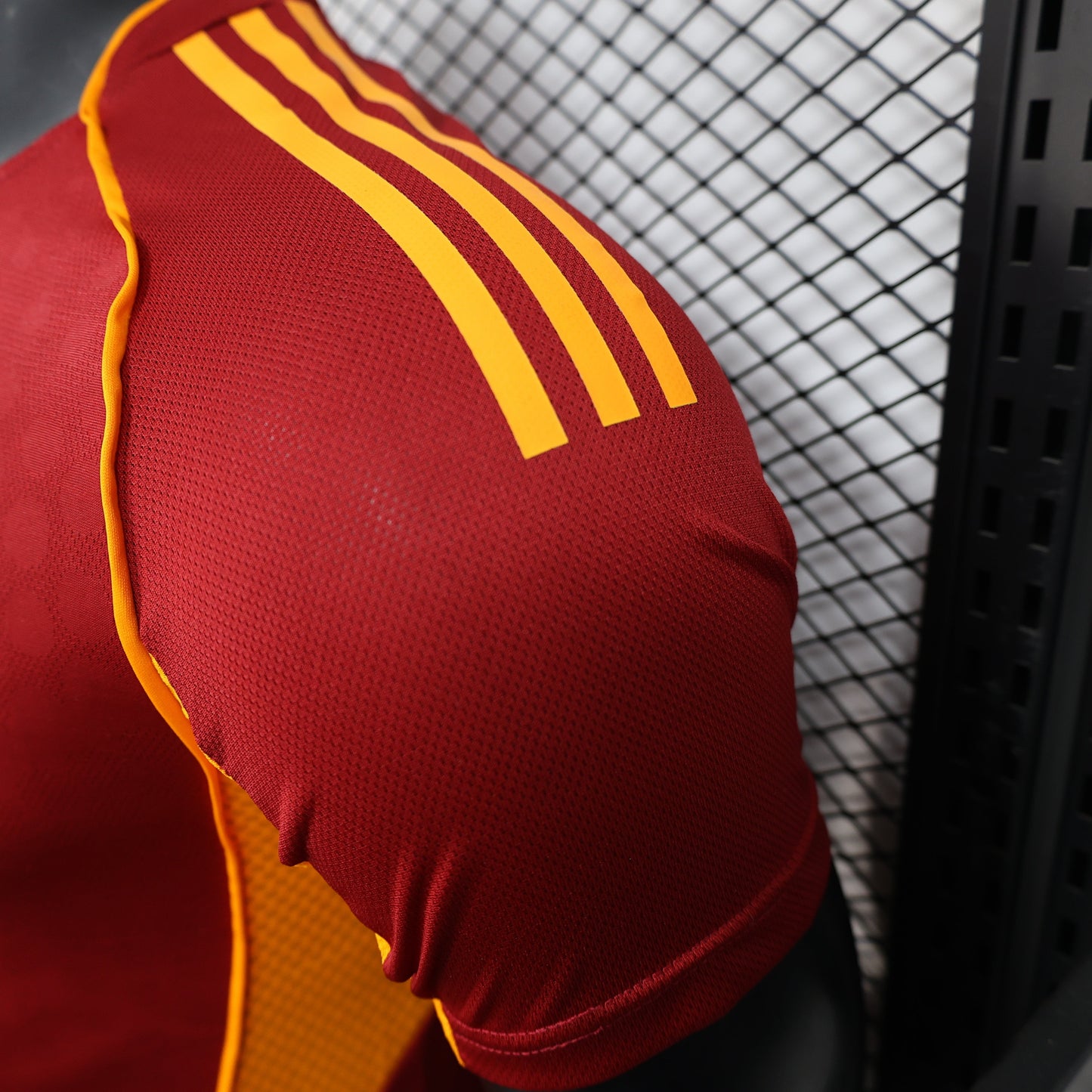 2025/26 AS Roma Home Player Version Jersey - Claret Dark Red Body - Gold Yellow Side Panels & Sleeves - Riyadh Season Gold Yellow Sponsor