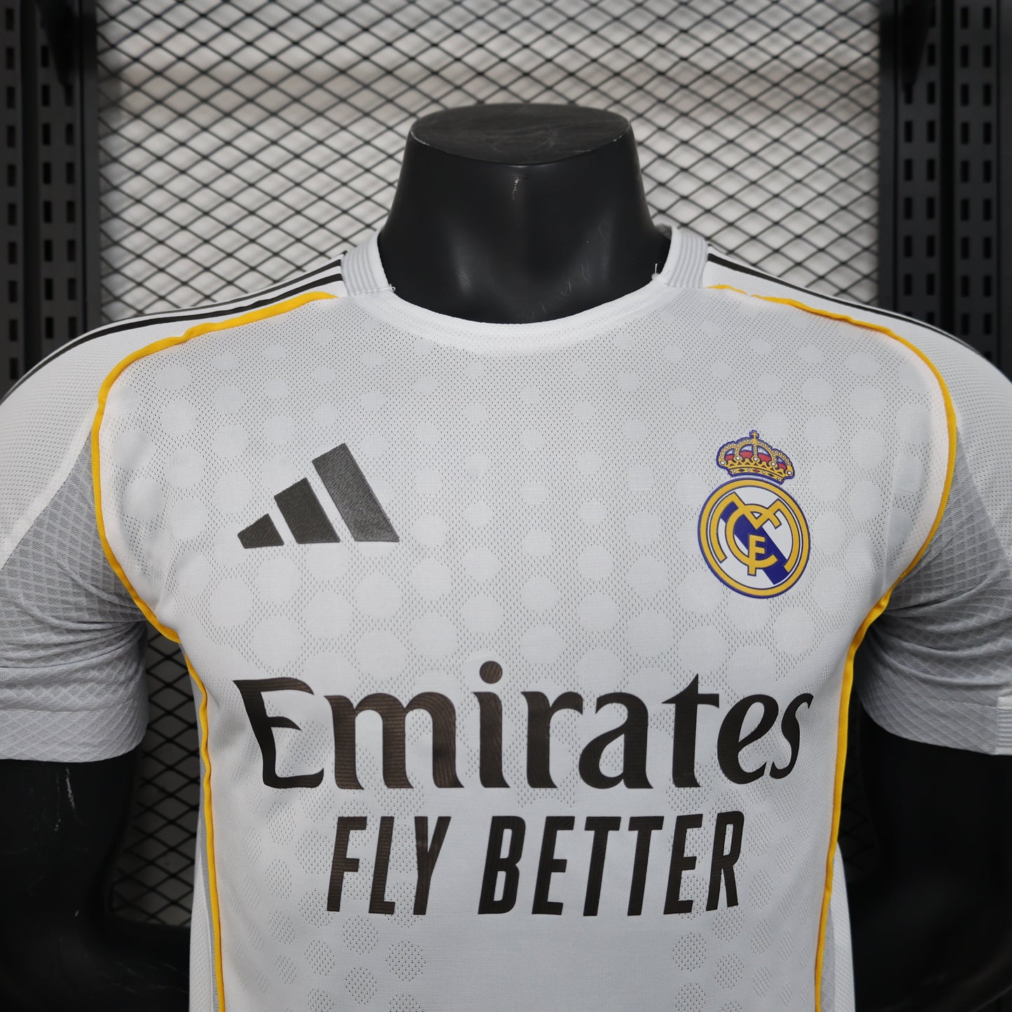 2025/26 Real Madrid Home Player Version Jersey -  White Grey Tonal Diamond Honeycomb Texture - Gold Yellow Side Seam Piping - Emirates Fly Better