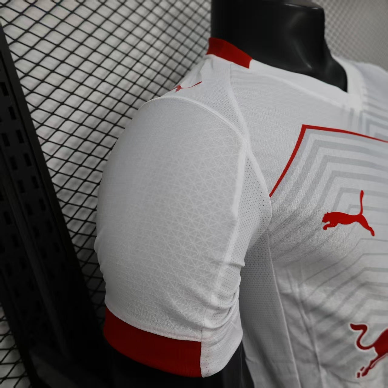 2025/26 RB Leipzig Home Player Version Jersey - White Red Geometric Arrow Chevron Pattern - Red Bull Double Bull Yellow Sun Crest